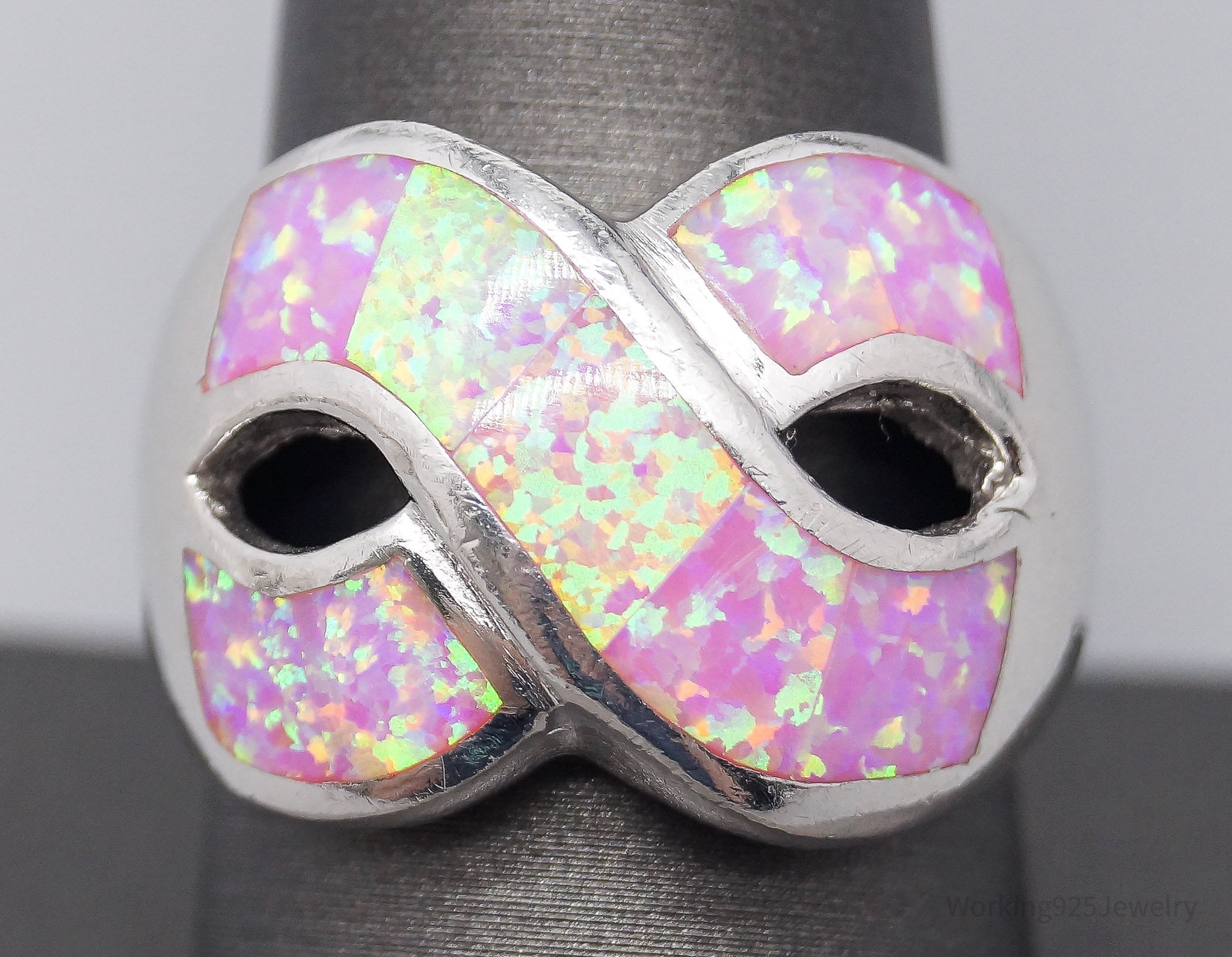 Vintage Lap Pink Opal Inlay Sterling Silver Infinity Ring -Size 9