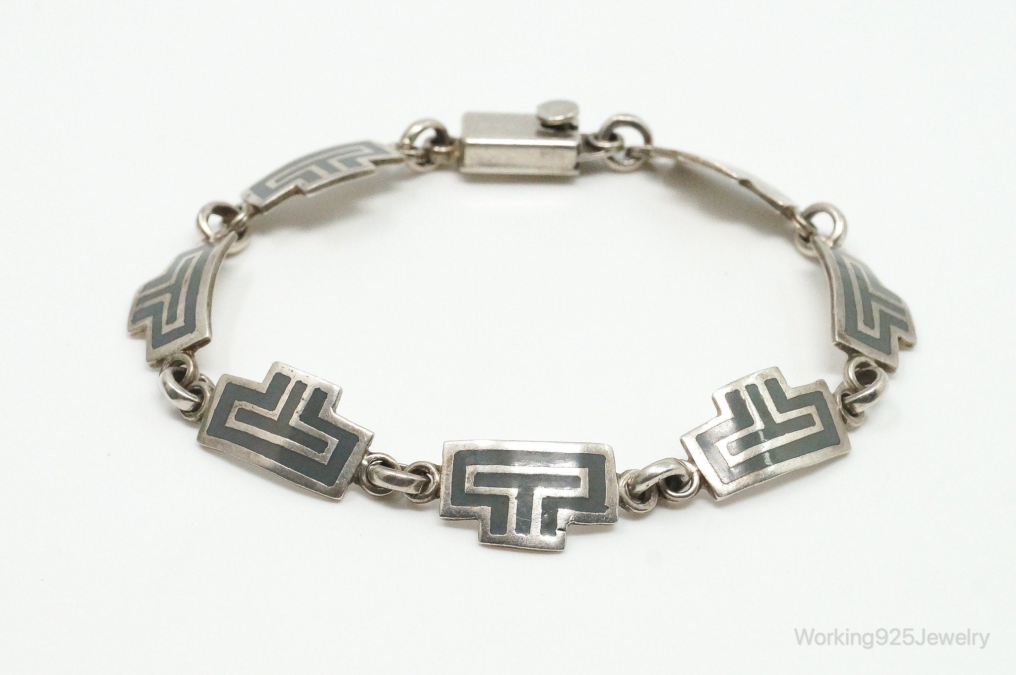 Vintage Mexico Enamel Modernist 970 Silver Bracelet