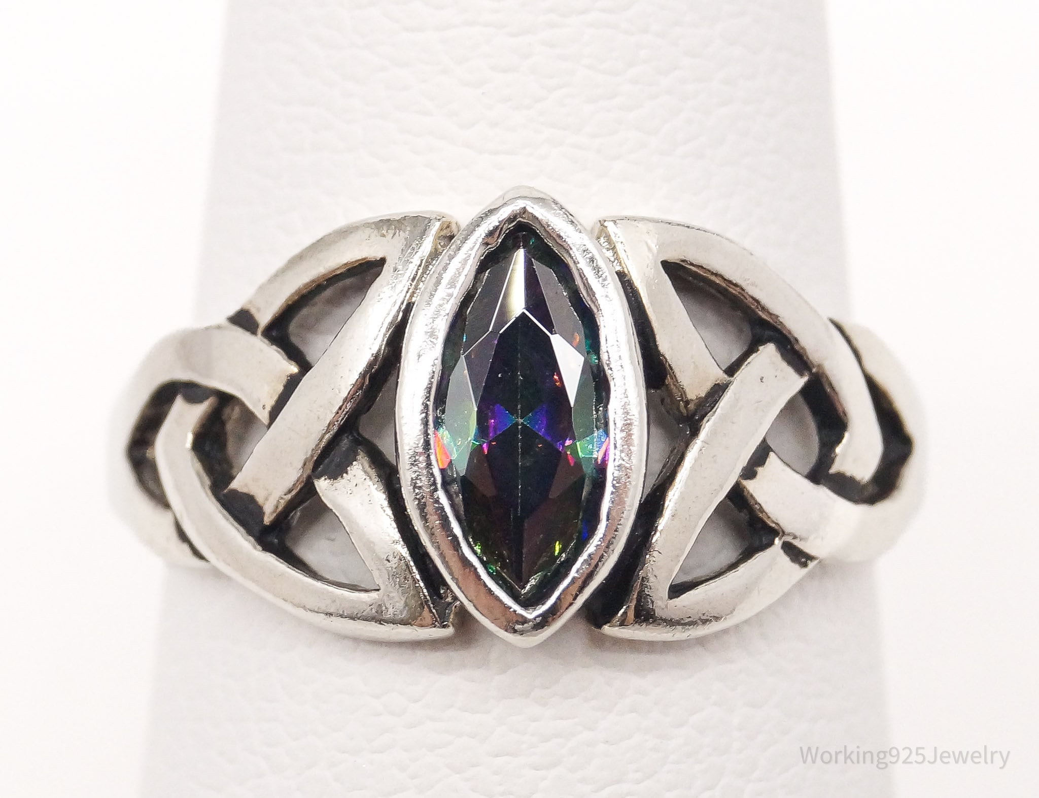 Vintage Lab Mystic Topaz Celtic Knot Sterling Silver Ring - Size 5.25