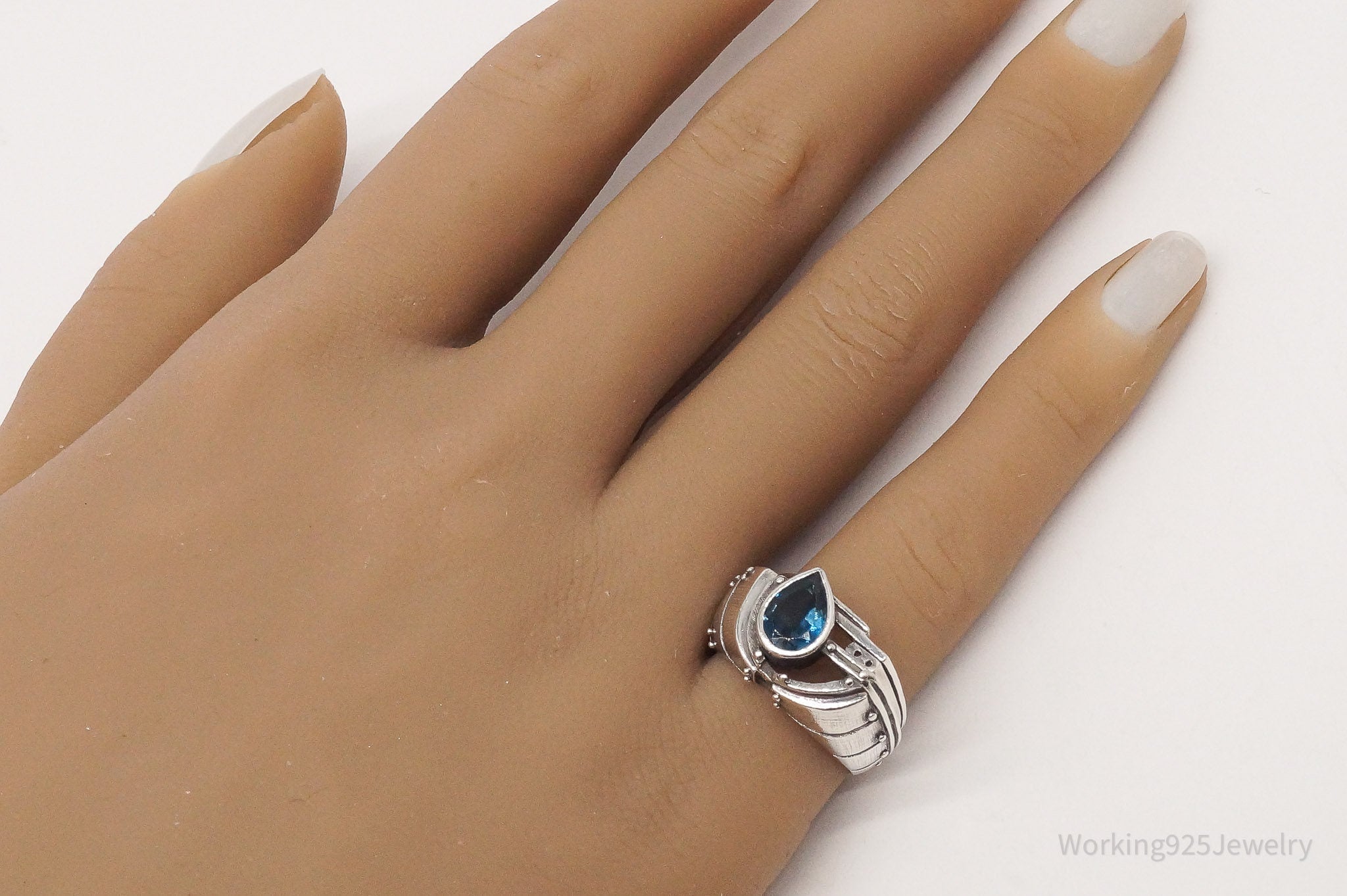 Futuristic Cyberpunk Modernist Style London Blue Topaz Silver Ring - Size 6