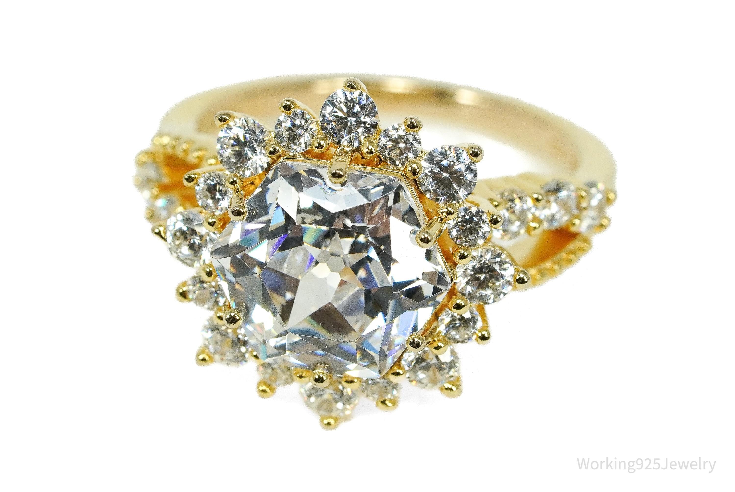 Large Cubic Zirconia Gold Over Sterling Silver Ring - Size 8