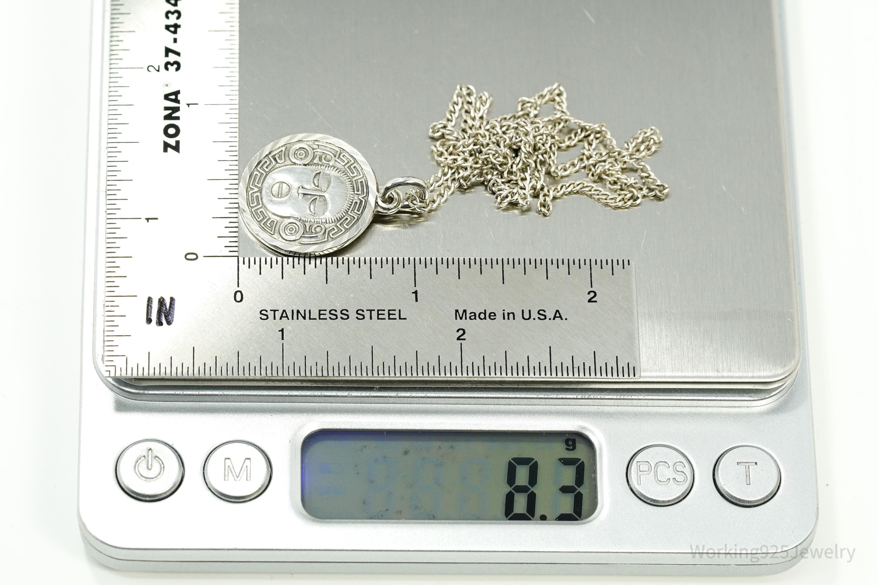 Vintage Mexico Mayan Medallion God 950 Silver Necklace 18"