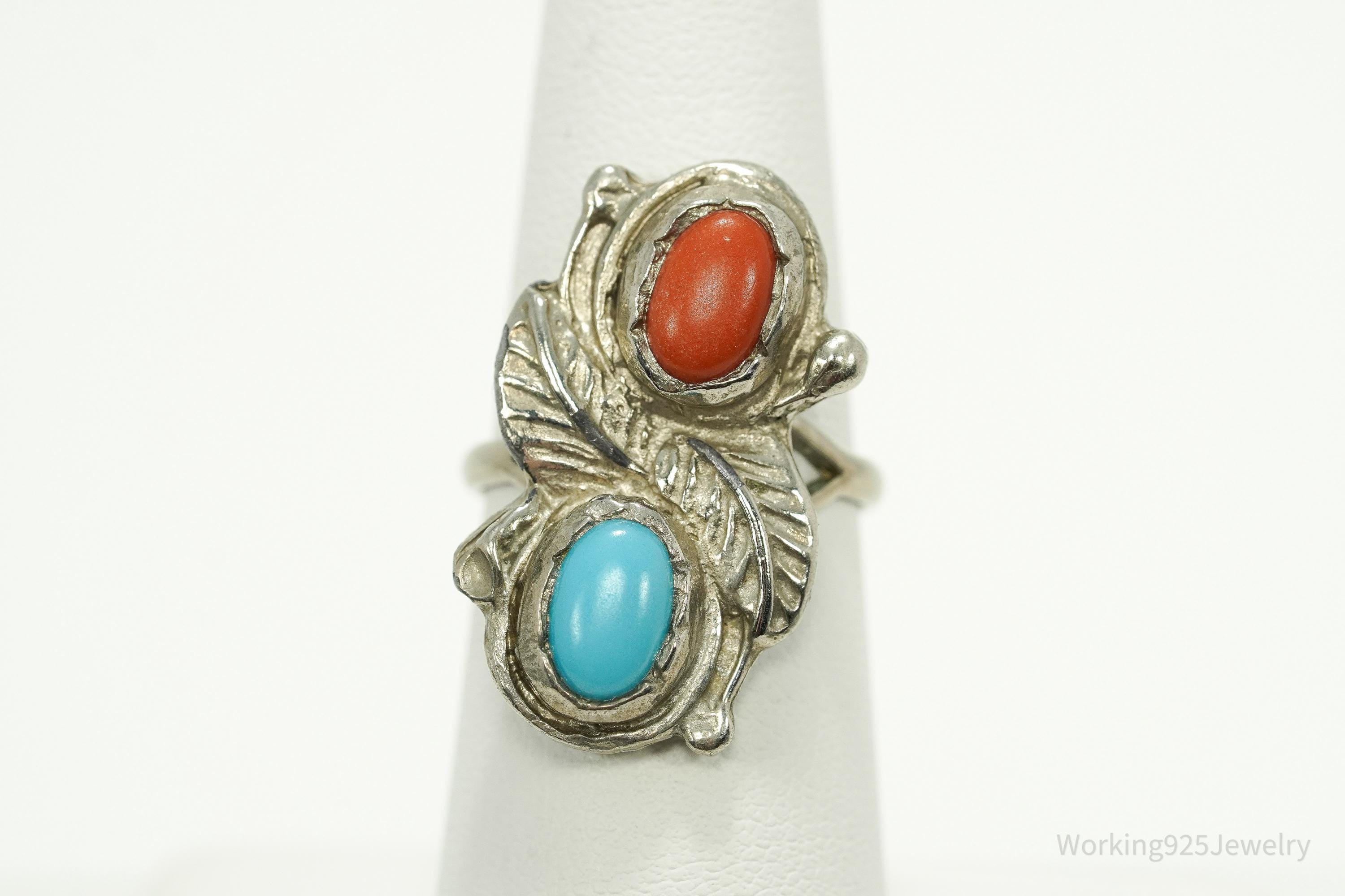 Vintage Native American Turquoise & Coral Unsigned Silver Ring - Size 6.25