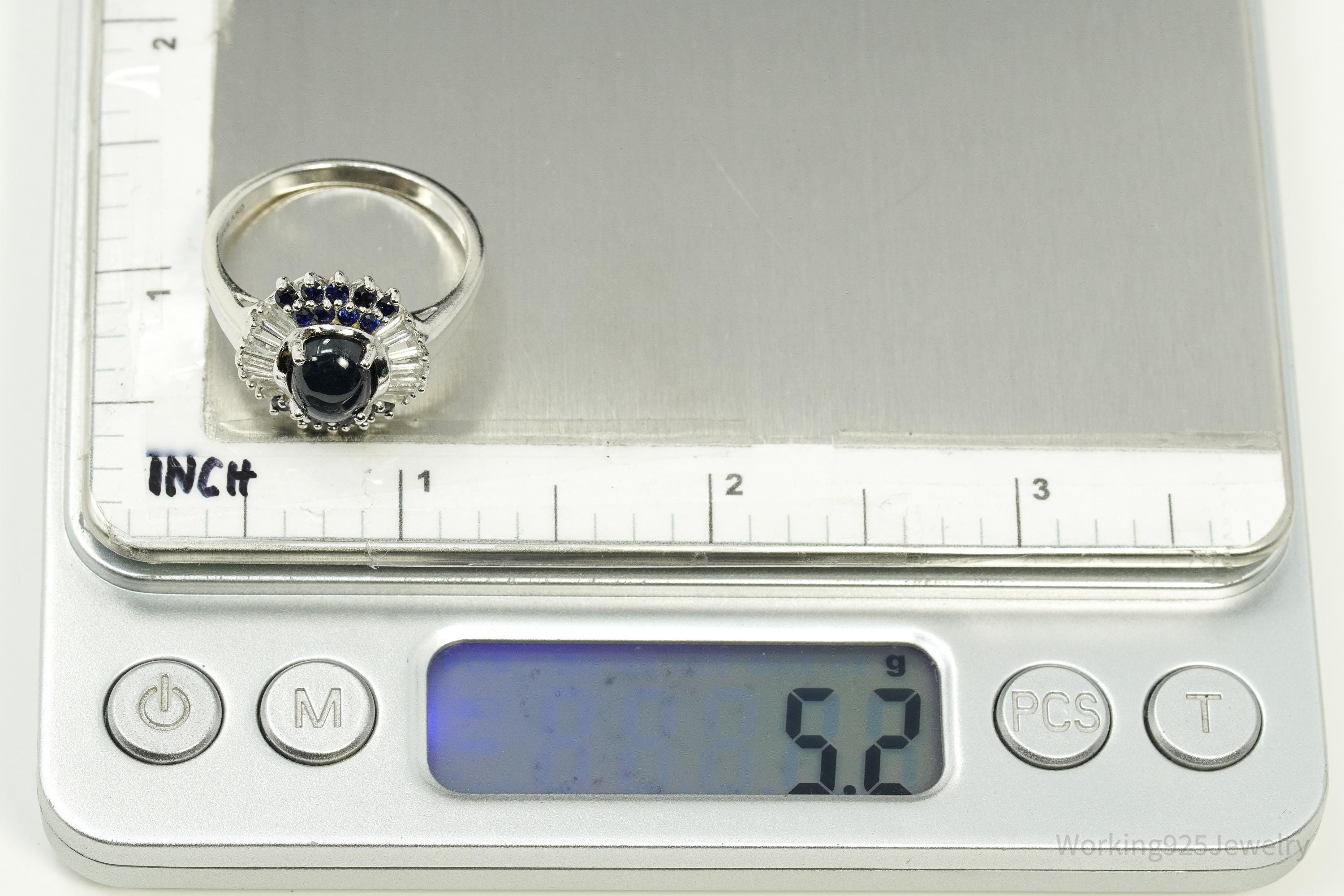 Blue Star Sapphire & White Zircon Sterling Silver Ring - Size 10.75