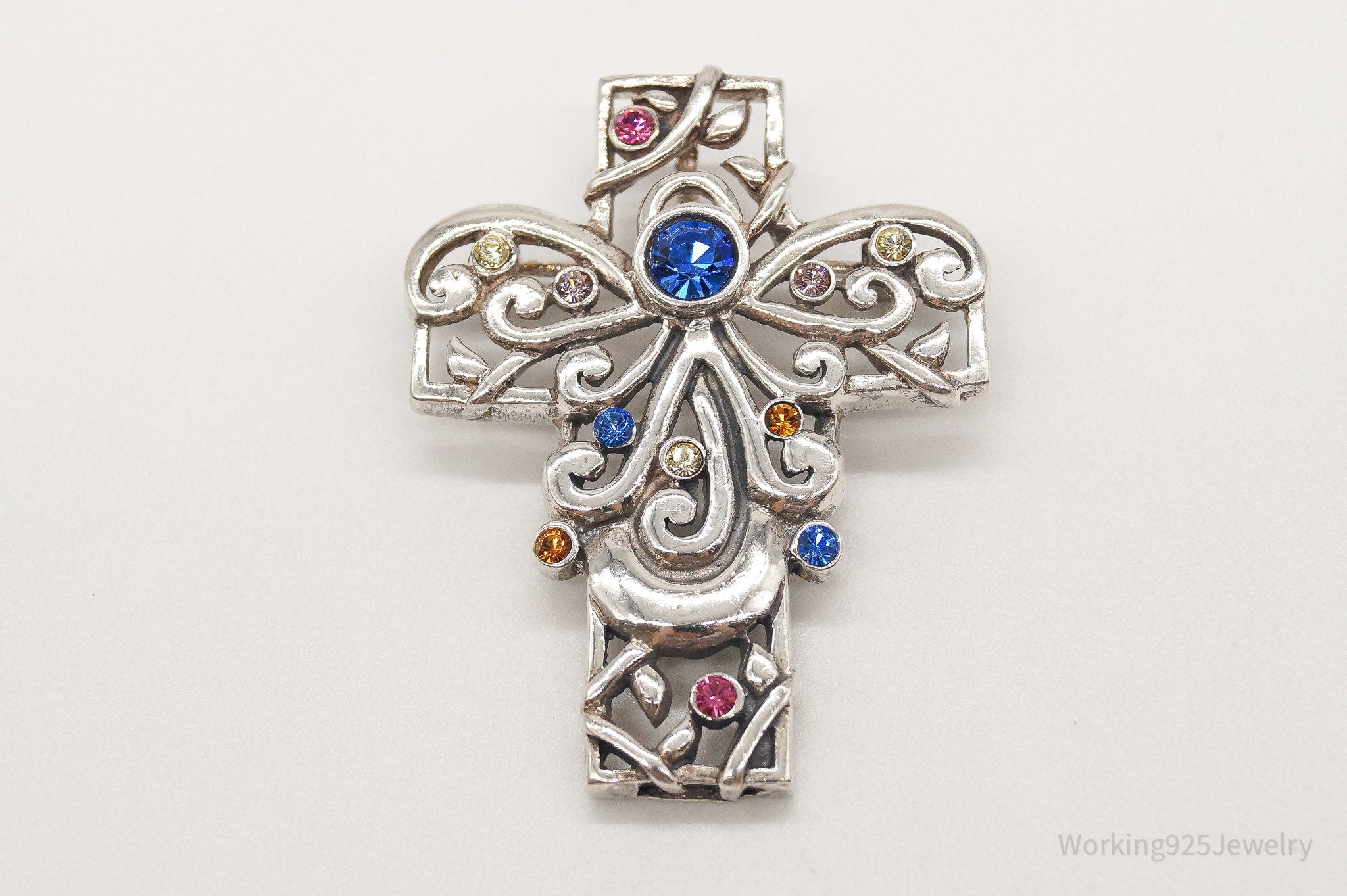 Vintage Large Barse Rhinestone Cross Sterling Silver Pendant/Brooch