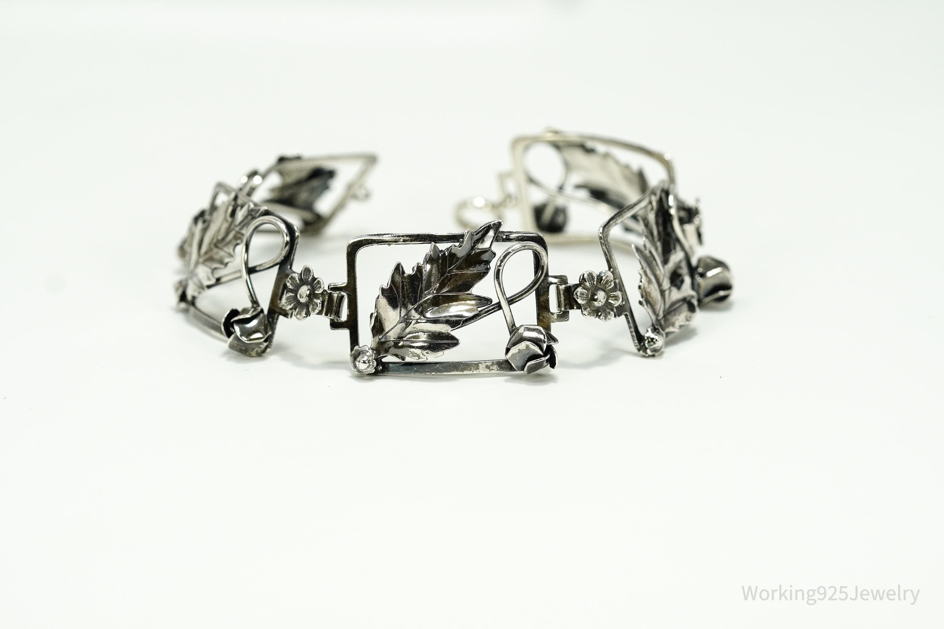 Antique Floral Sterling Silver Bracelet 7.5"