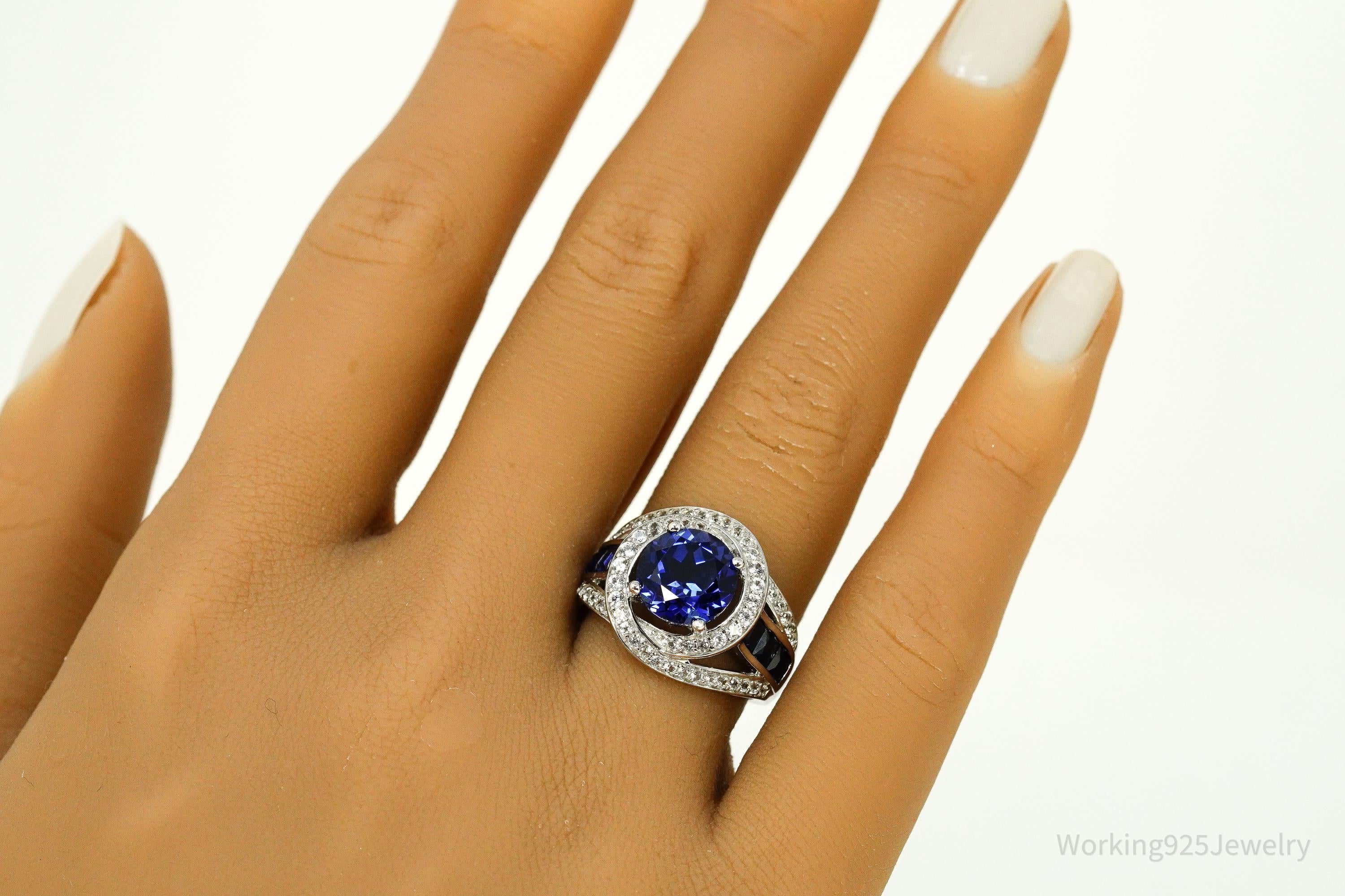 Vintage Blue & White Sapphire Sterling Silver Ring - Size 6.75
