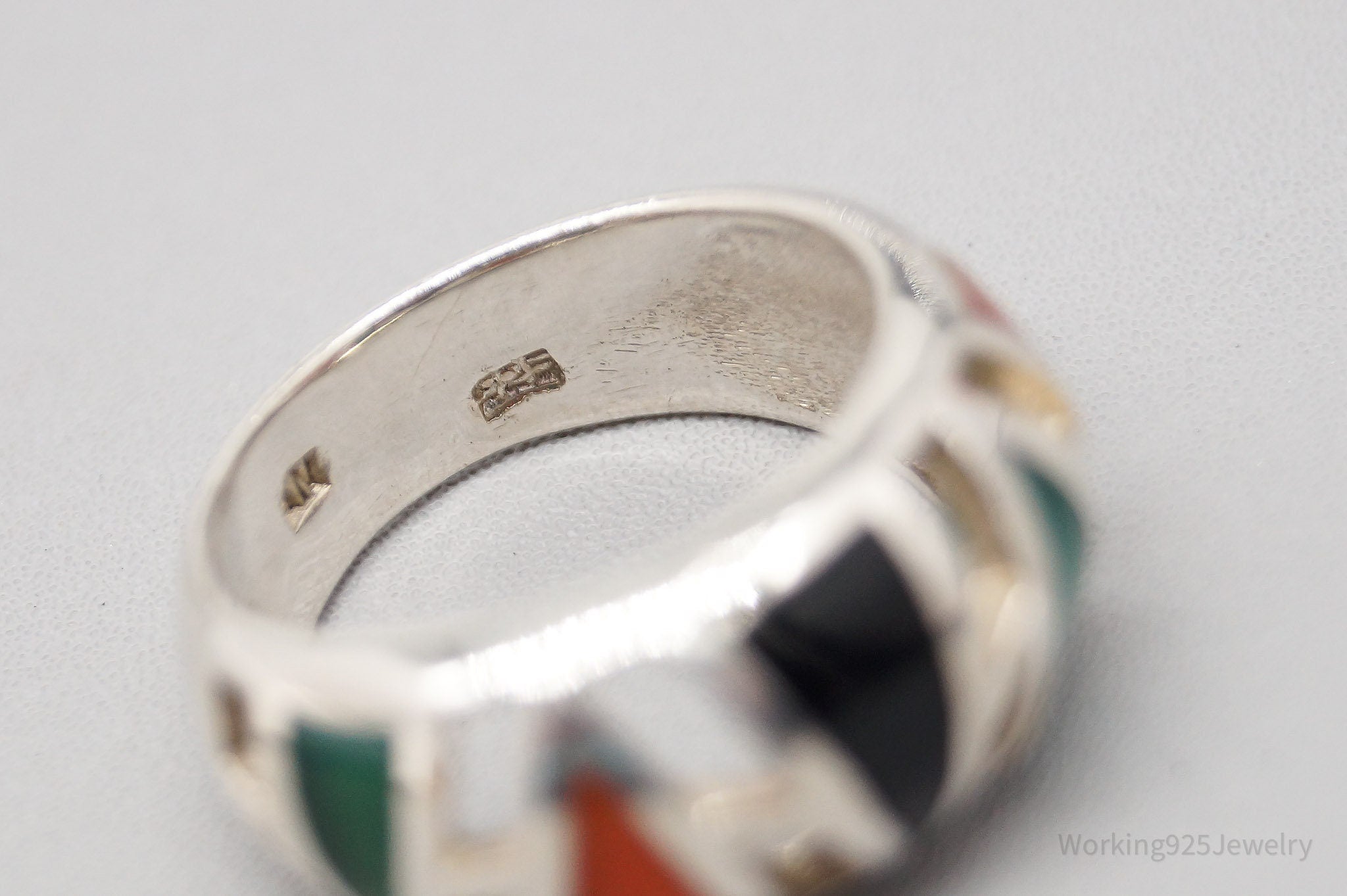 Vintage Multi Color Onyx Inlay Sterling Silver Ring - Size 6