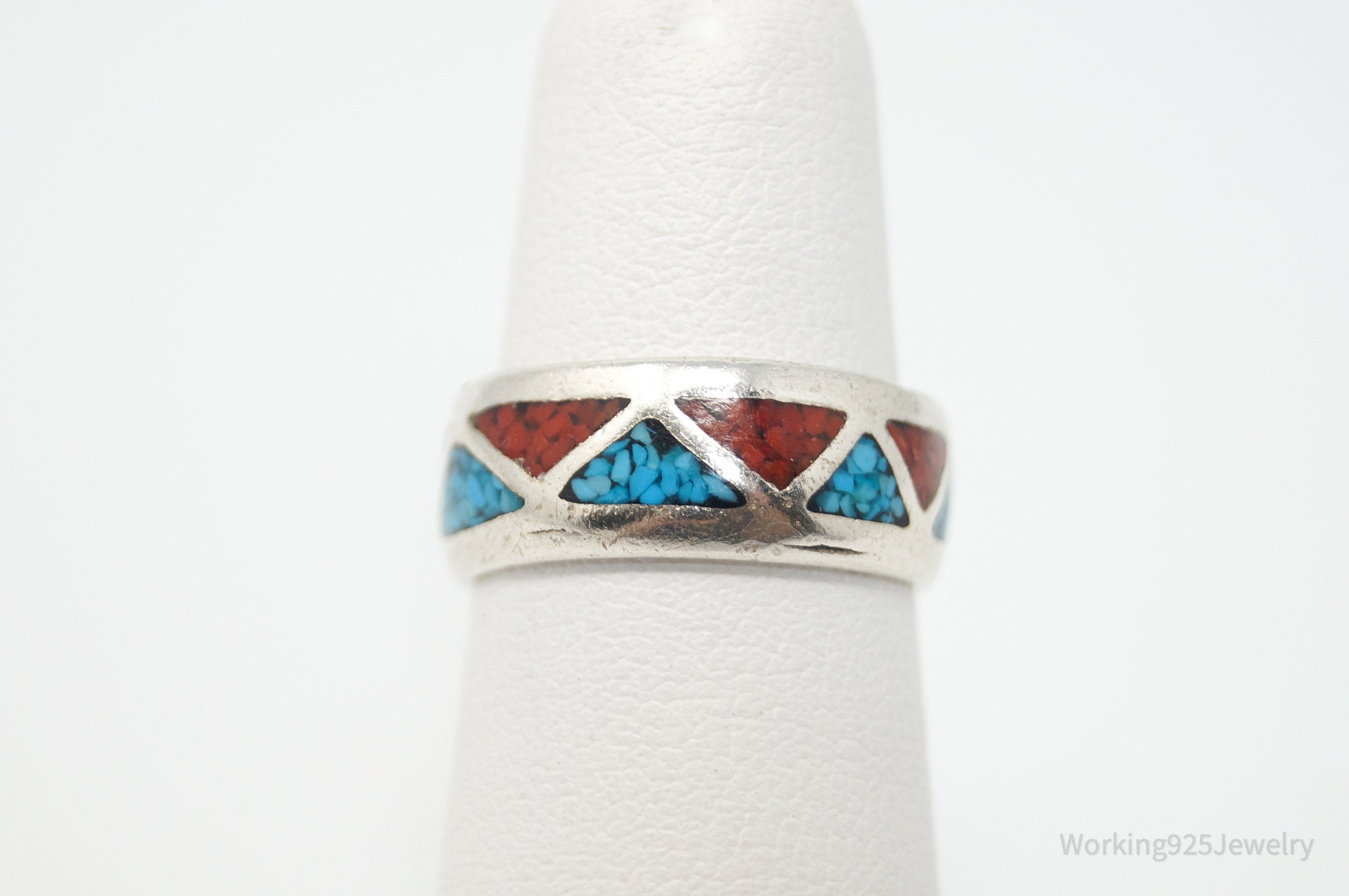 Vtg Southwestern Crushed Turquoise Coral Sterling Silver Ring - Sz 4