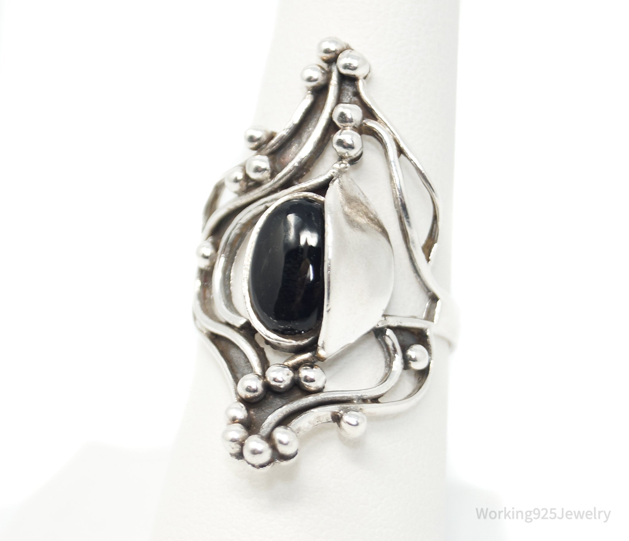 Vintage Modernist Black Onyx Intricate Sterling Silver Ring - Size 7.75