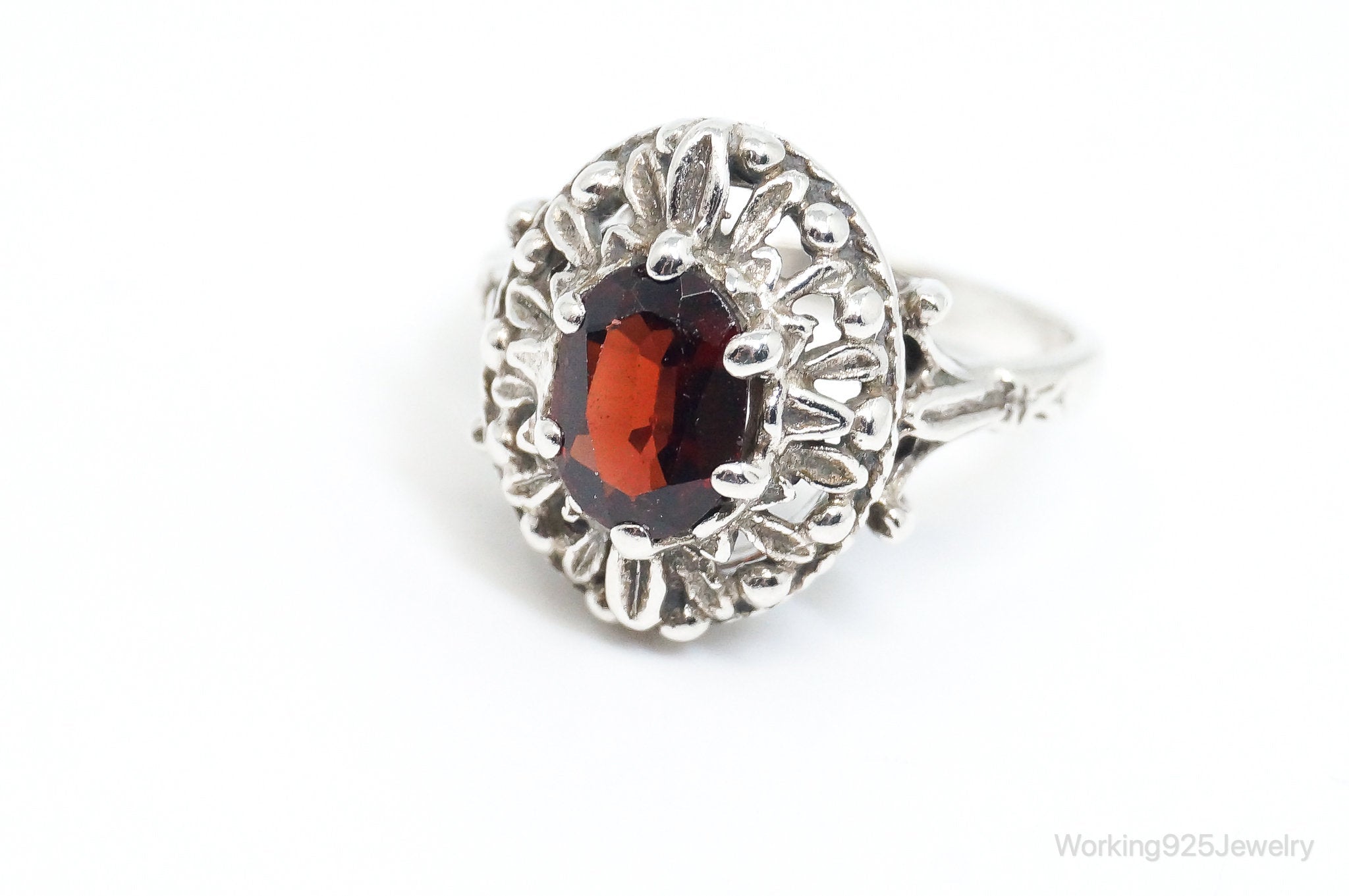 Vintage Mid Century Style Garnet Ring Sterling Silver - Size 6.5