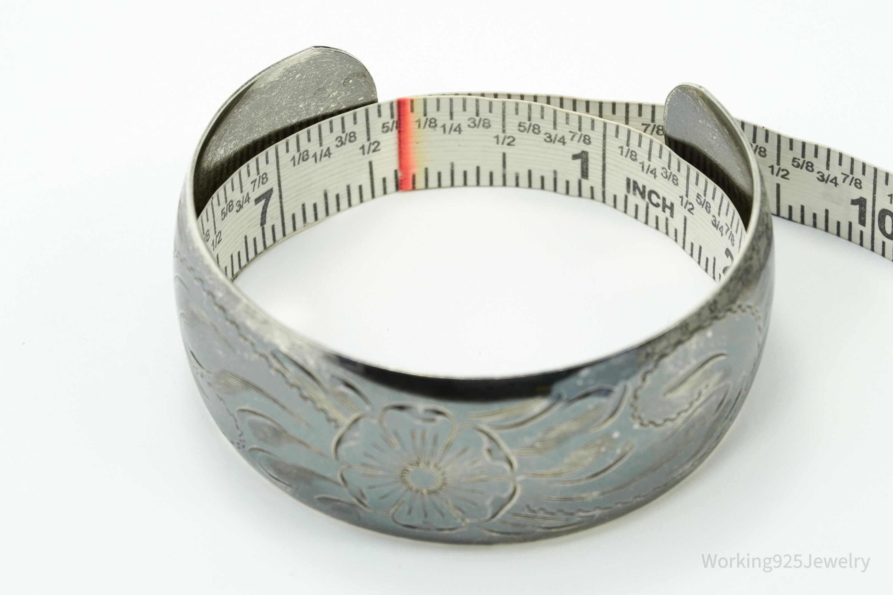 Antique Art Nouveau Floral Etched Sterling Silver Cuff Bracelet - 7 5/8"