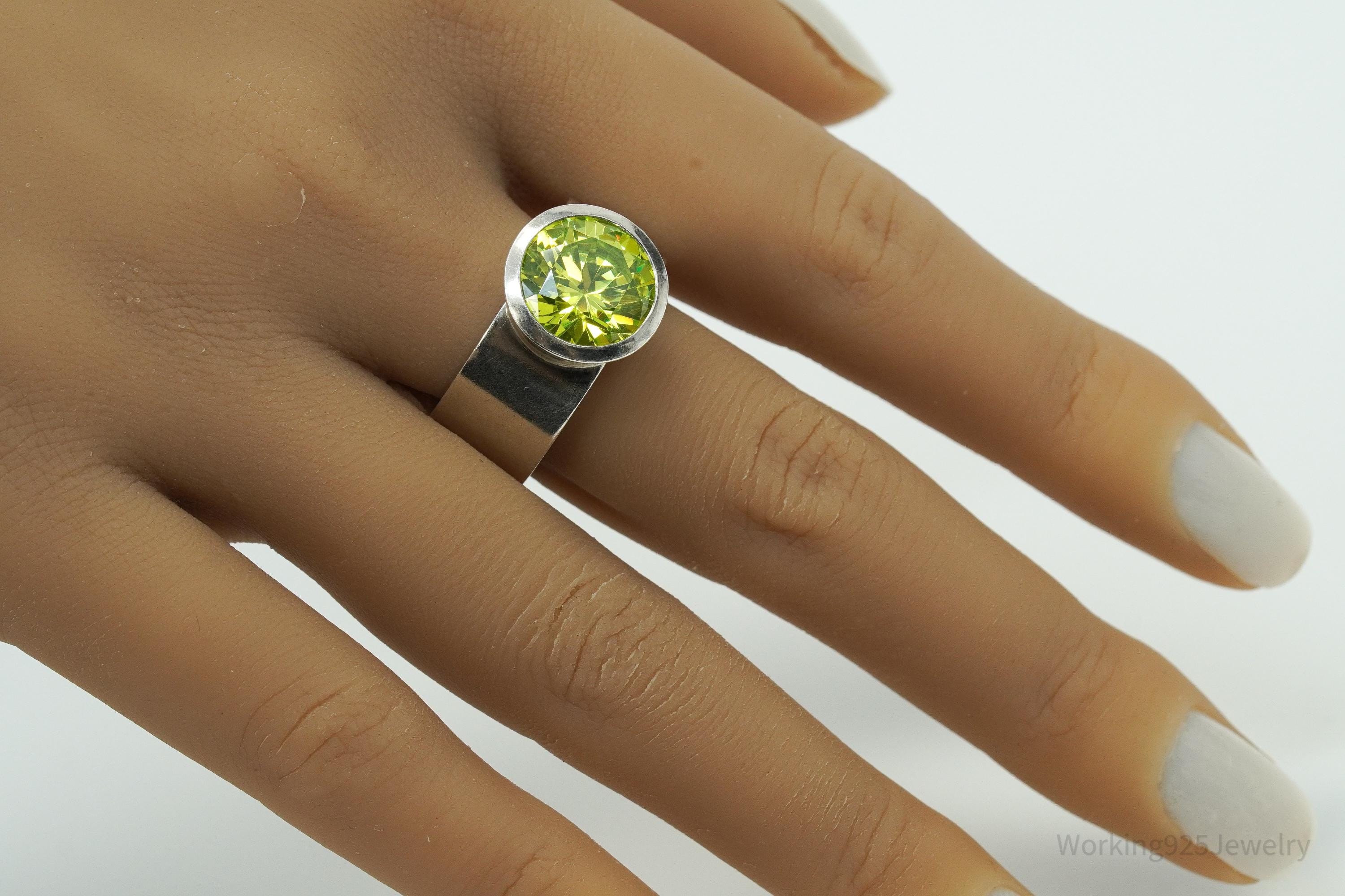Vintage Large Green Cubic Zirconia Silver Ring - Size 9.75
