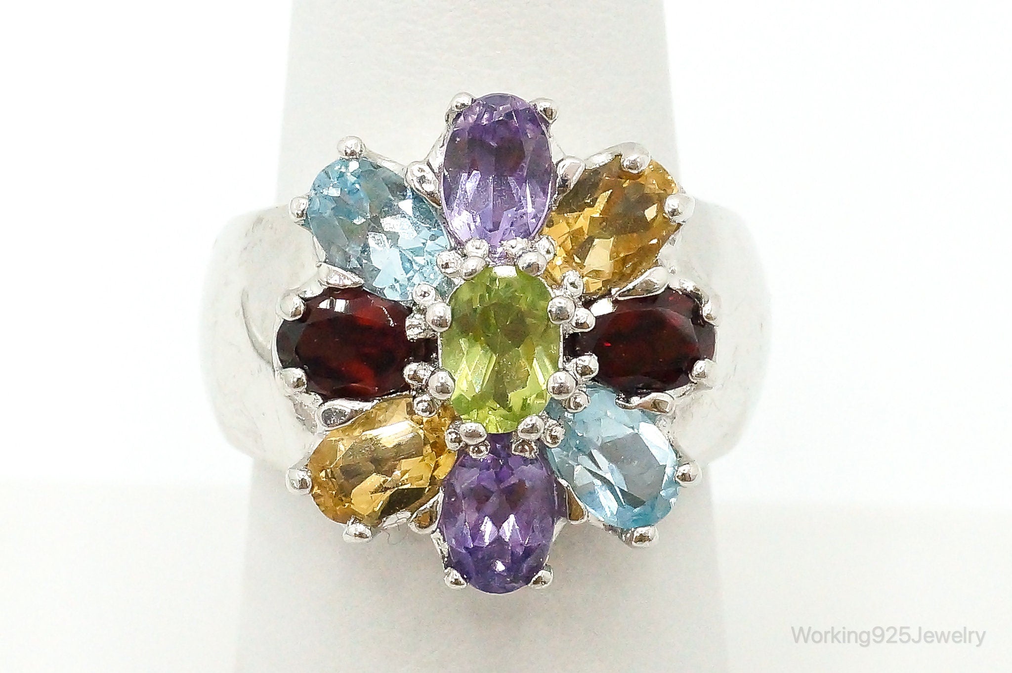 Vintage Multi Gem Sterling Silver Flower Ring - Size 7