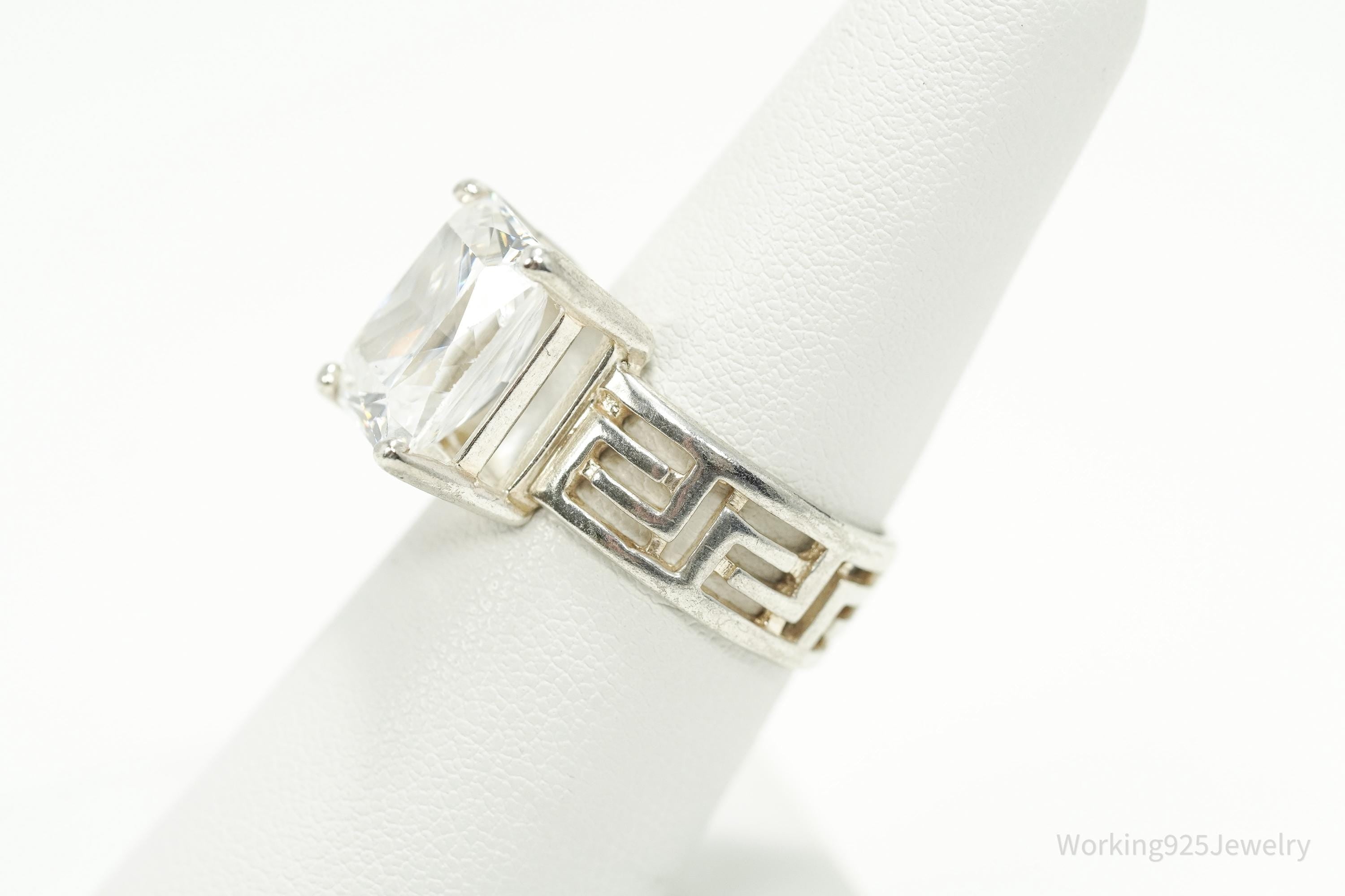 Vintage Large Diamonique Cubic Zirconia Sterling Silver Ring - Size 7.25