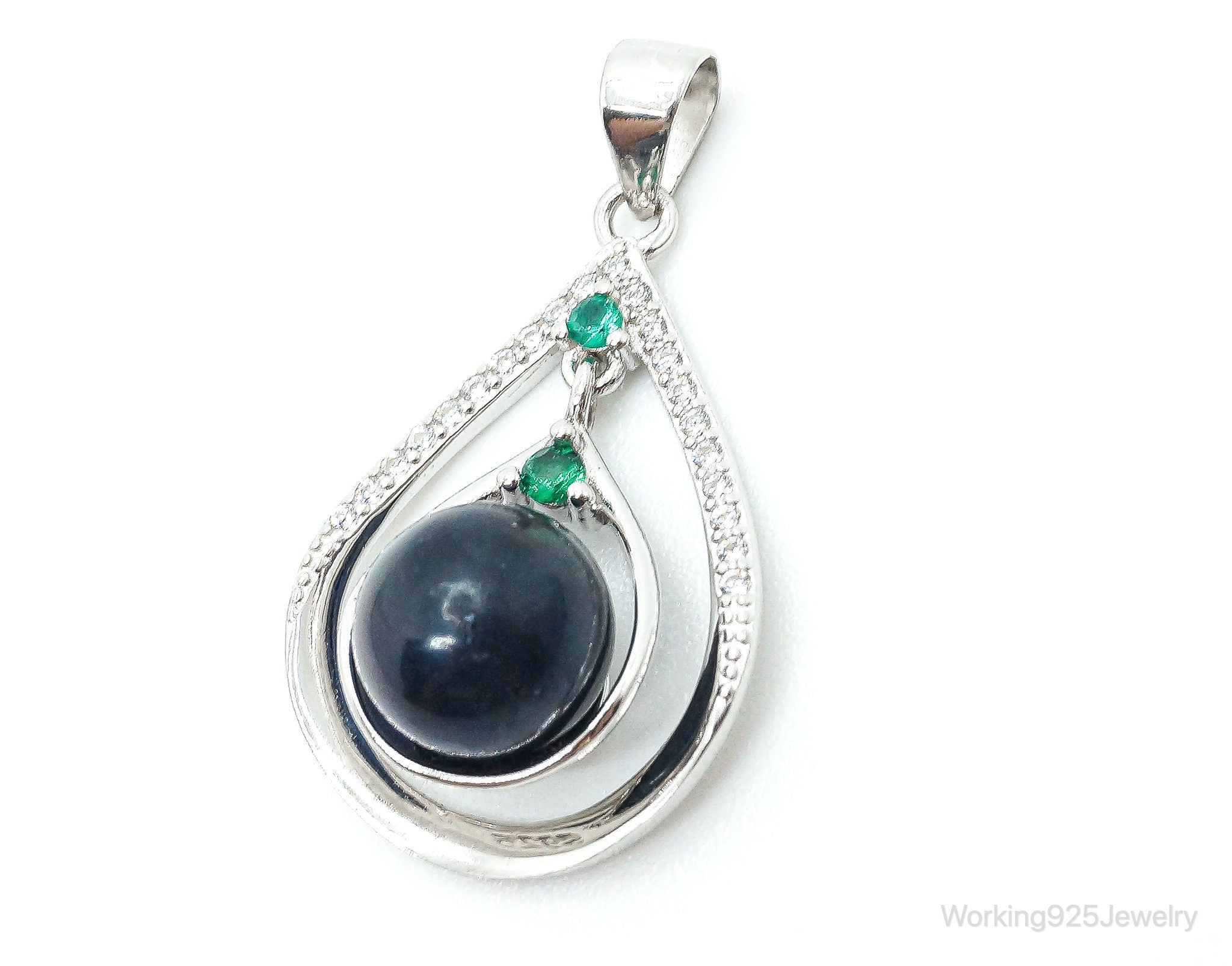 Vintage Tahitian Pearl Lab Emerald Cubic Zirconia Sterling Silver Pendant