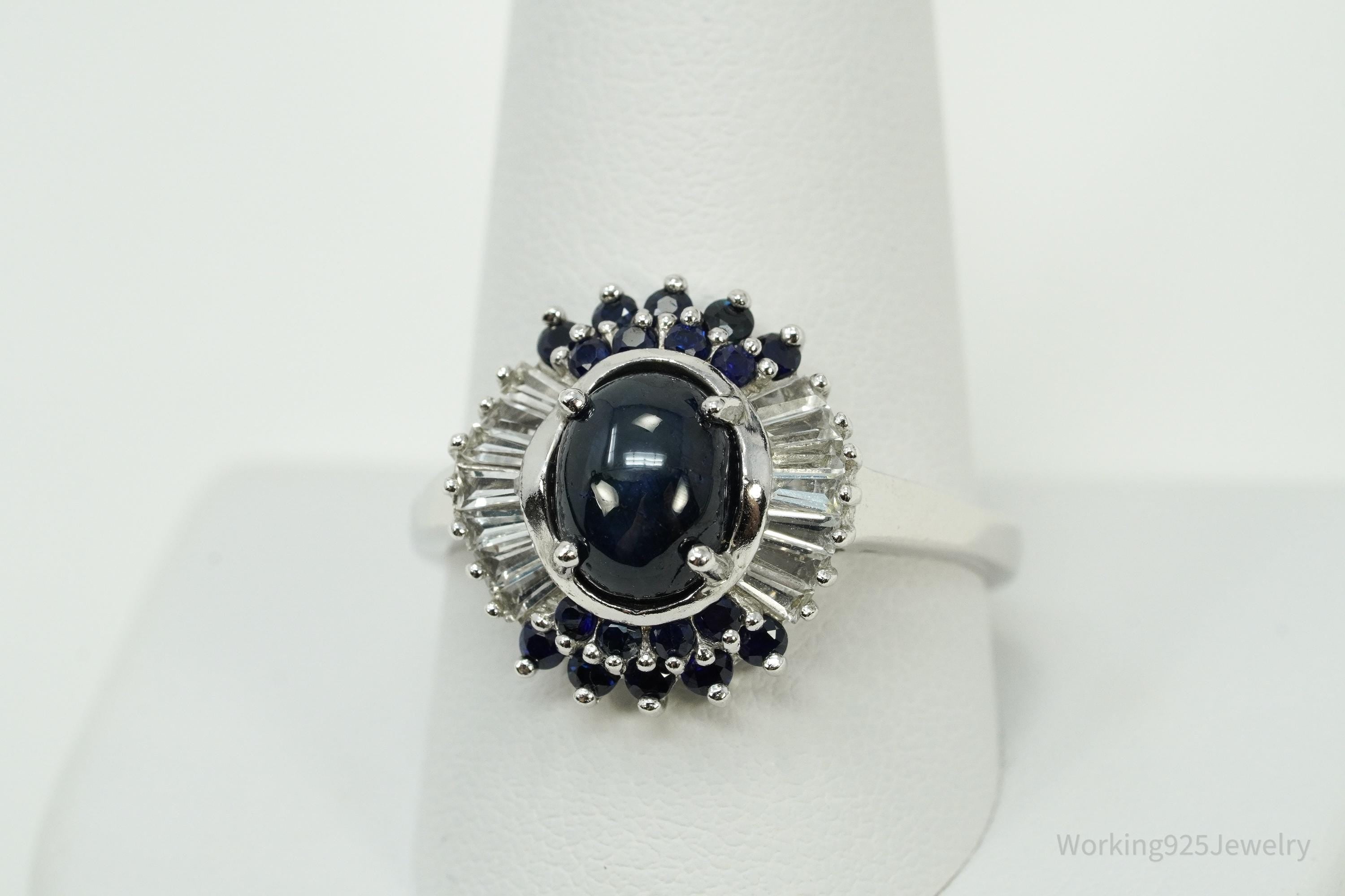 Blue Star Sapphire & White Zircon Sterling Silver Ring - Size 10.75