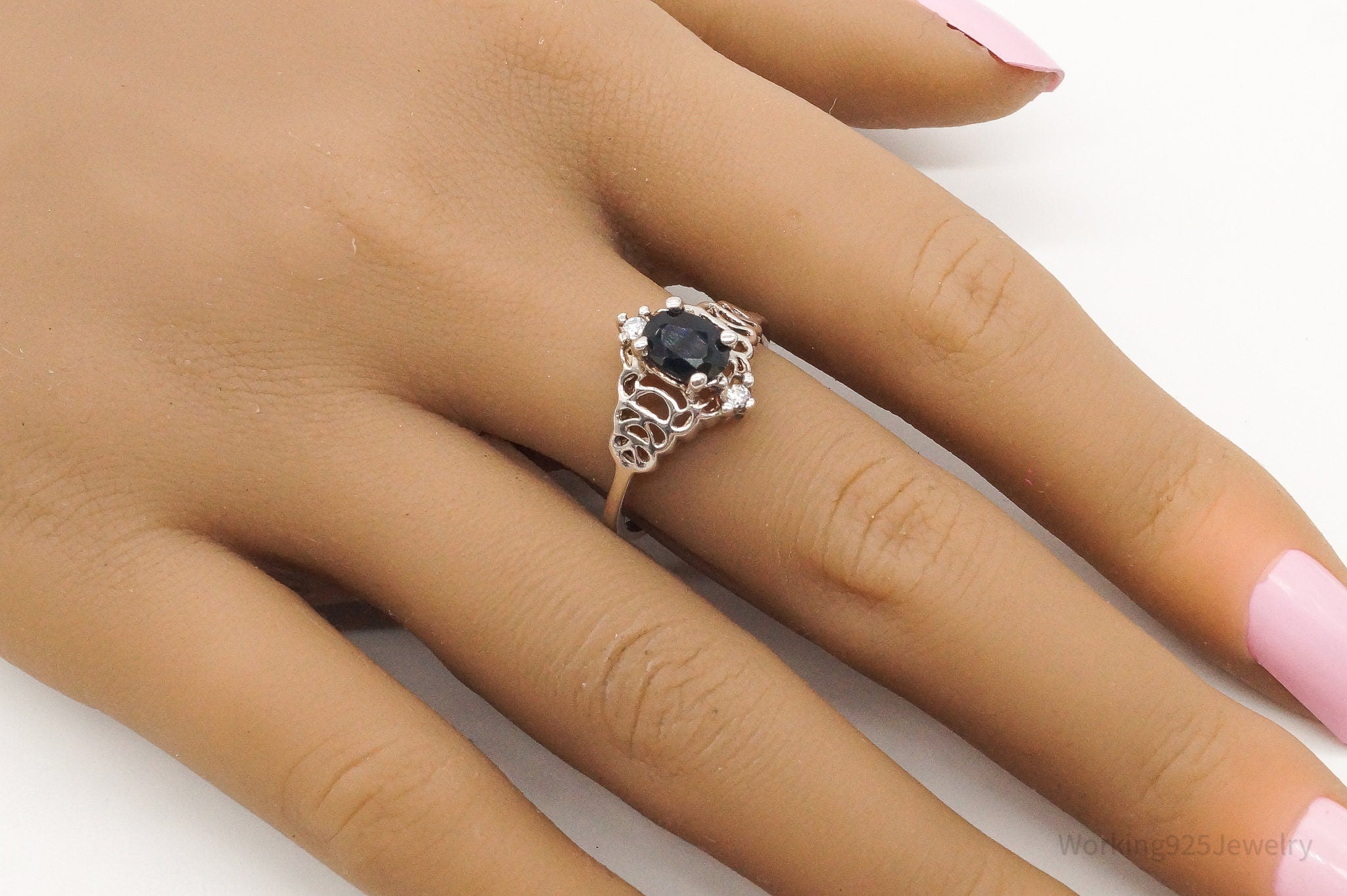 Vintage Sapphire Cubic Zirconia Sterling Silver Ring - Size 9