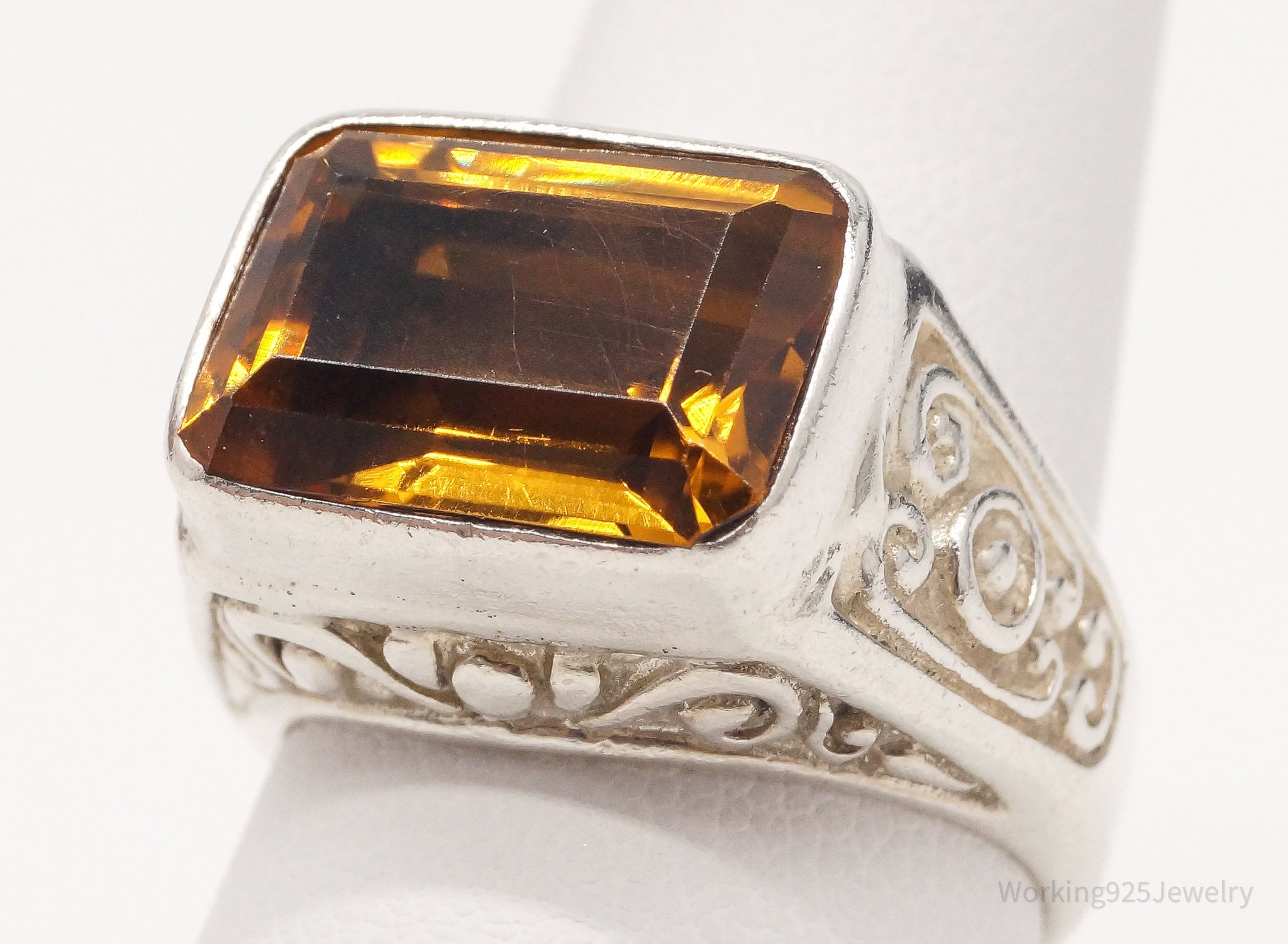 Vintage Large Citrine Sterling Silver Ring - Size 7.5