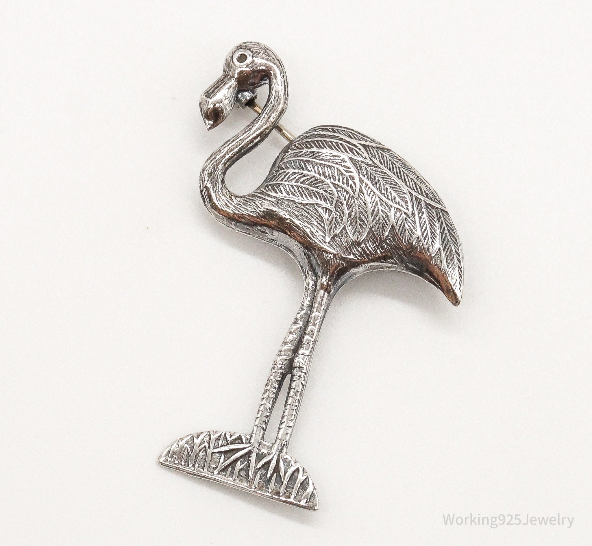 Vintage Large Flamingo Sterling Silver Brooch Pin