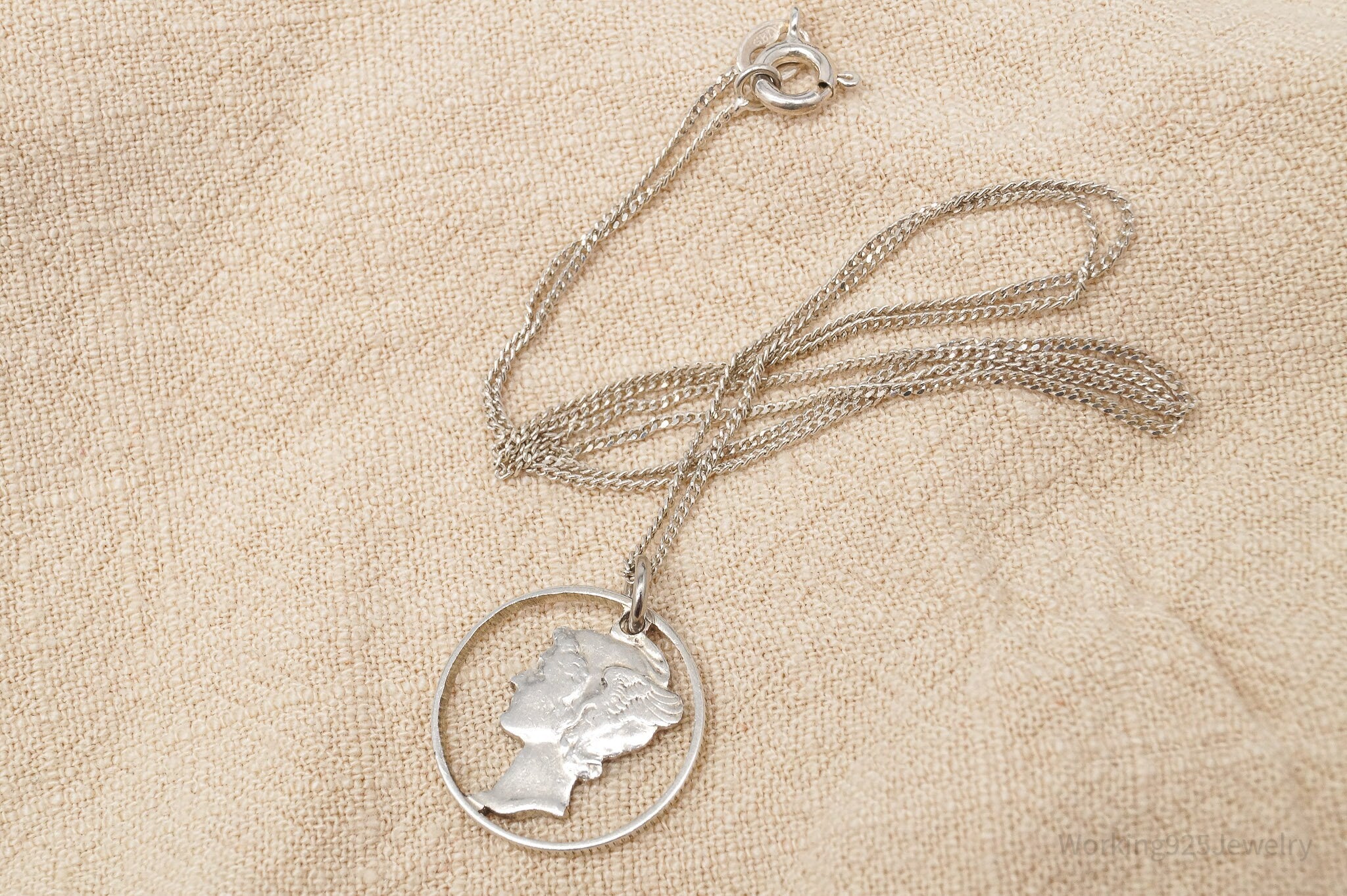 Vintage Mercury Dime Coin Cut Out Silver Pendant Sterling Silver Necklace 18"
