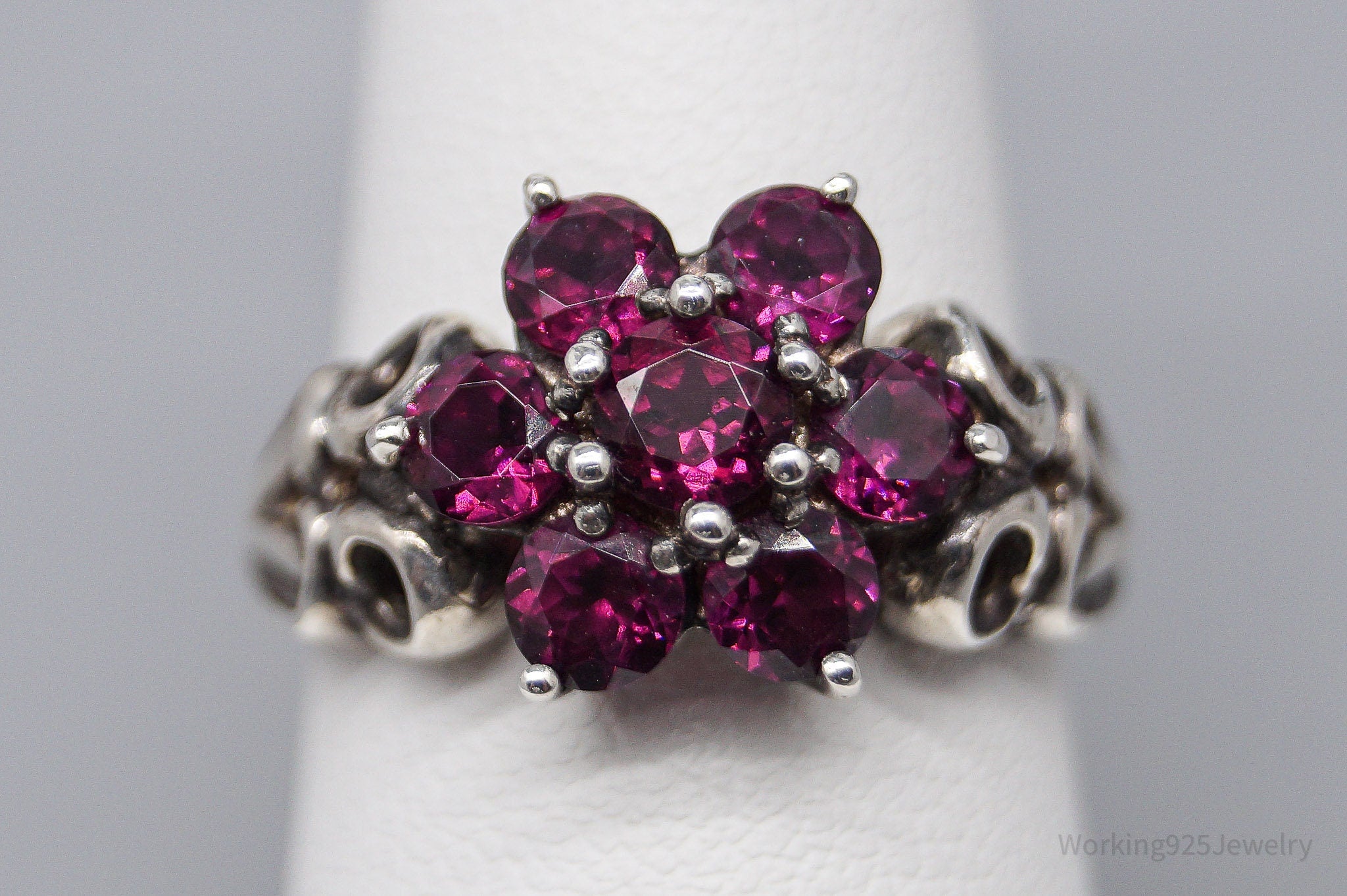 Vintage Rhodolite Garnet Flower Sterling Silver Ring - Size 7.5