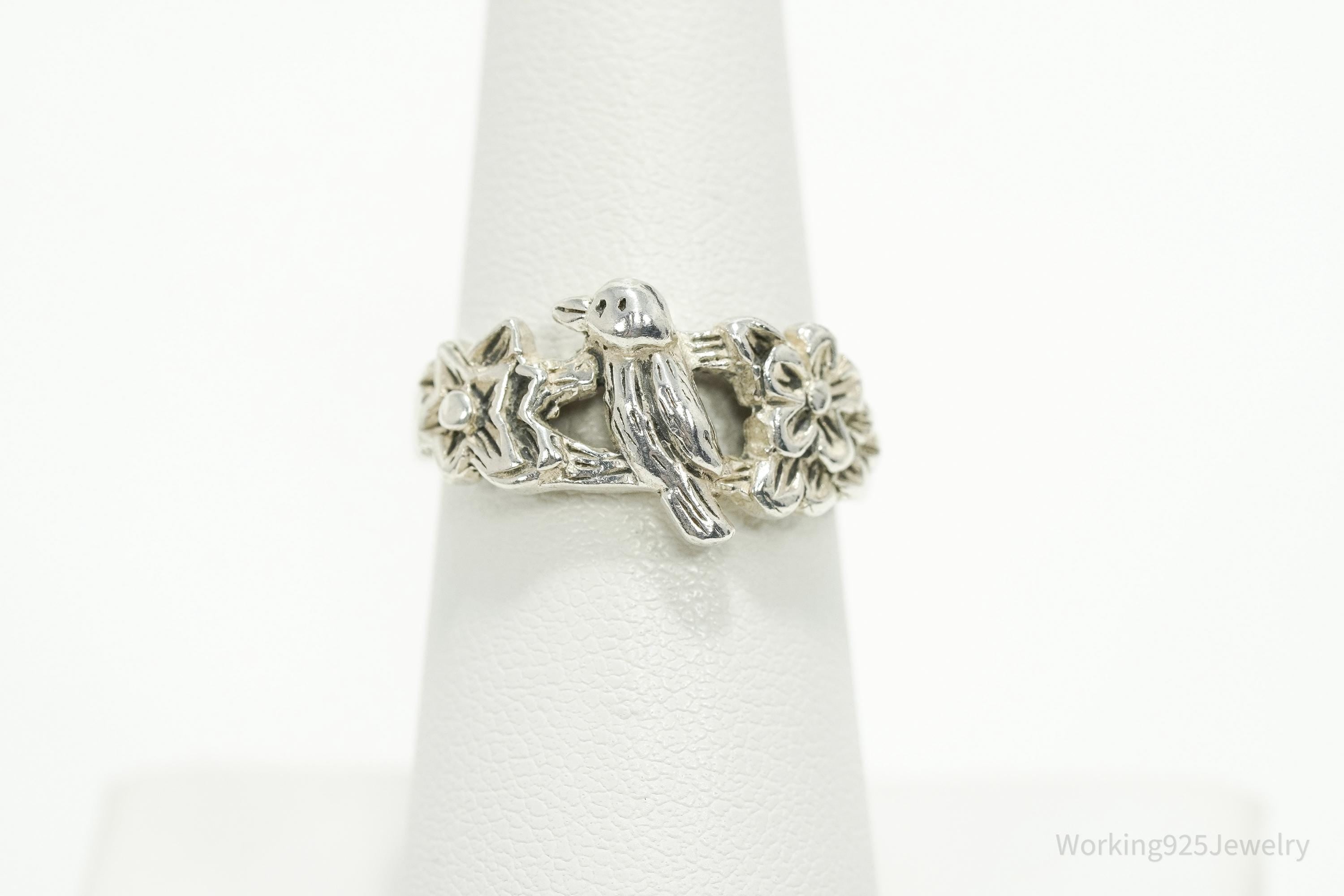 Vintage Bird & Flowers Sterling Silver Ring - Size 6.75