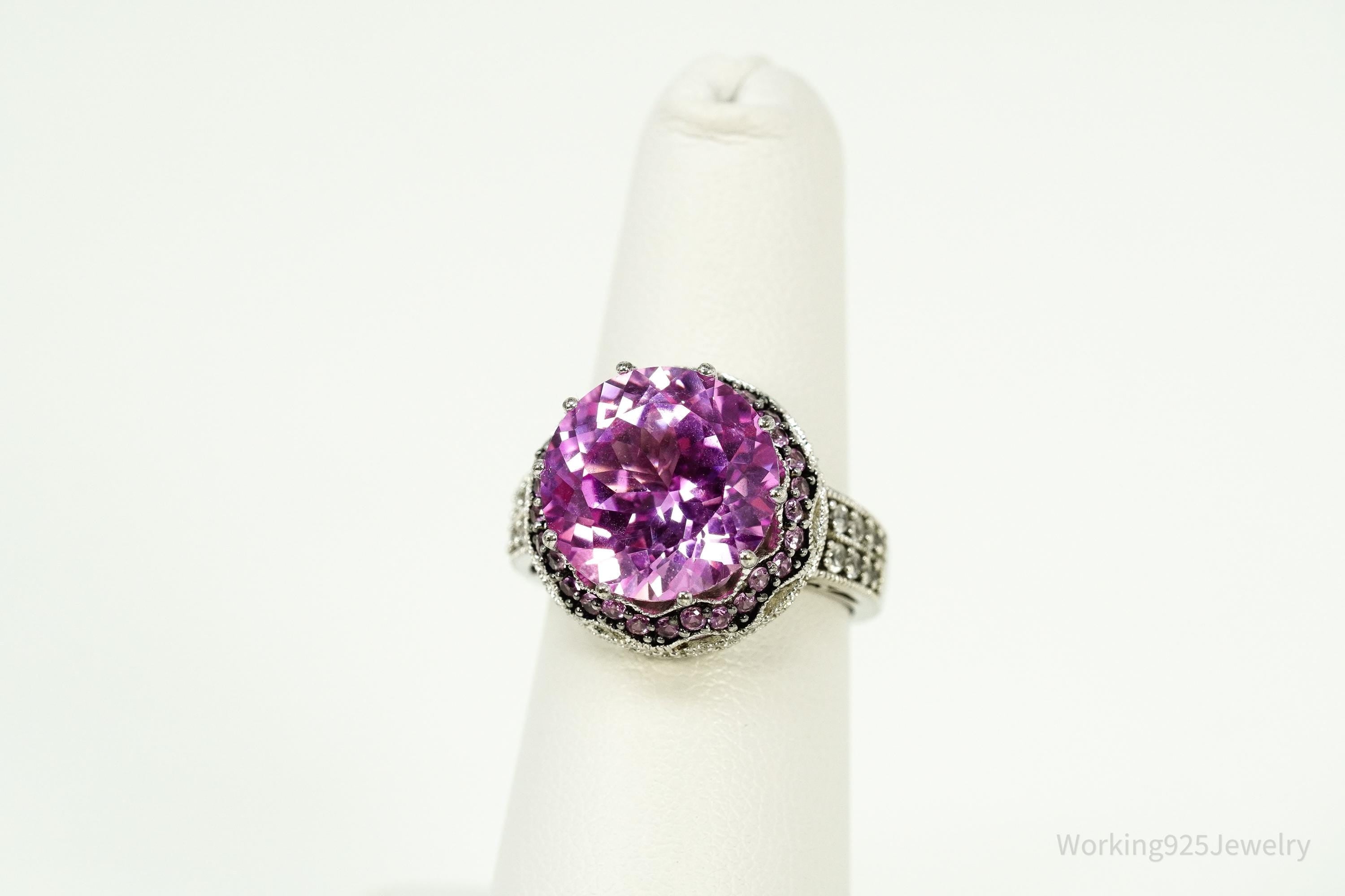 Vintage Large Pink & White Sapphire Sterling Silver Ring - Size 6.5