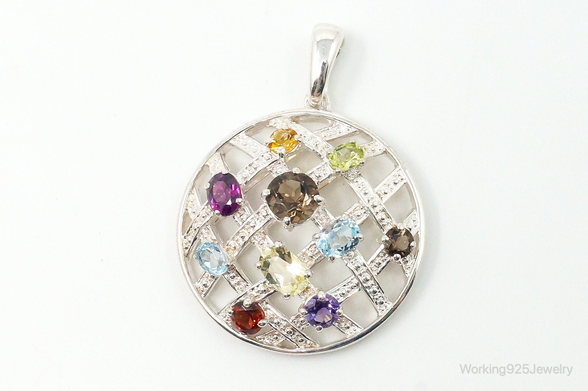 Vintage Multi Gemstone Sterling Silver Necklace Pendant