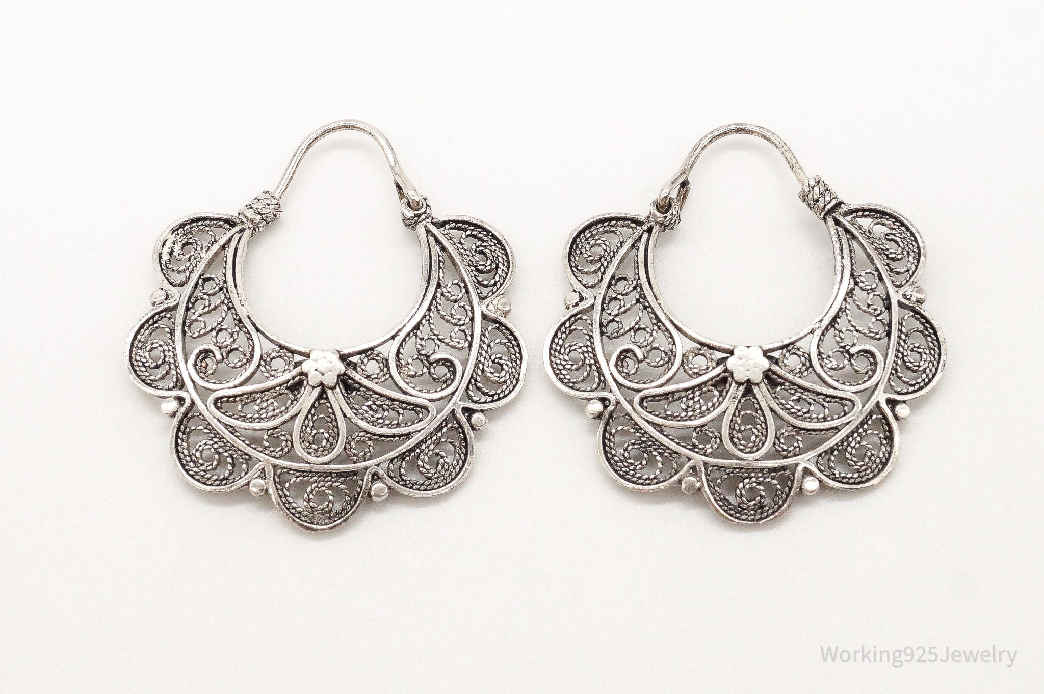 Vintage Turkey Designer DGS Flower Filigree Sterling Silver Earrings