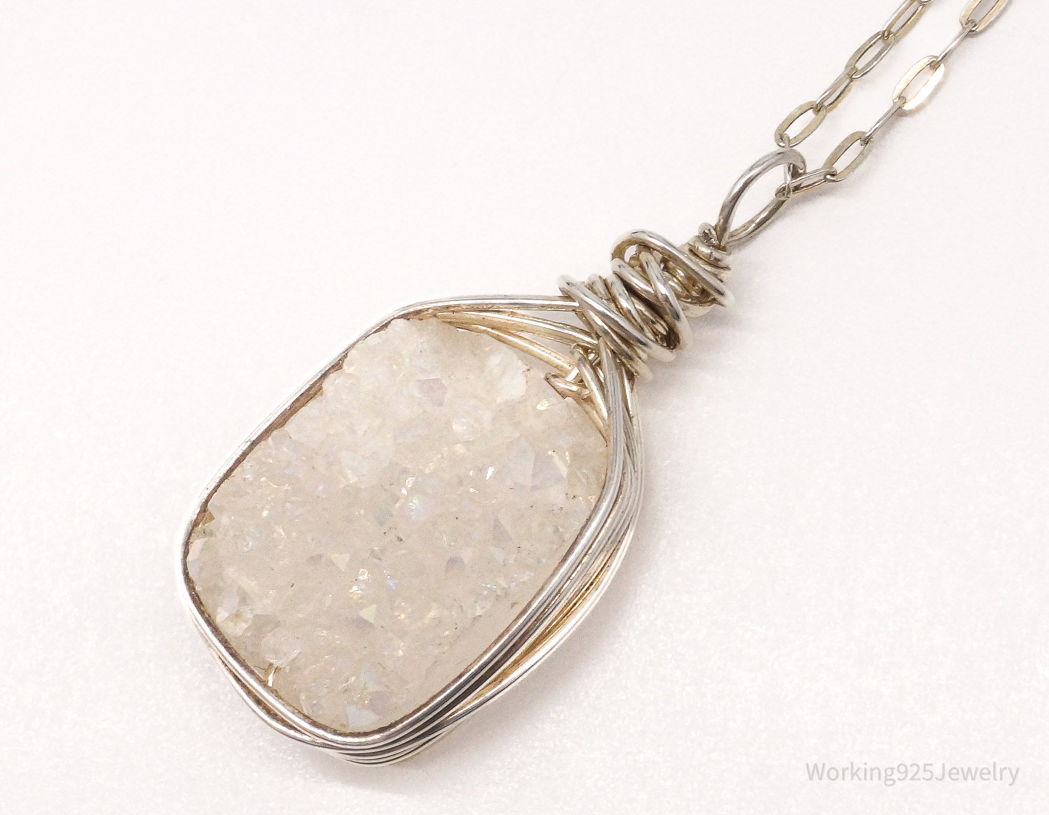 Vintage White Druzy Quartz Sterling Silver Chain Necklace 18"