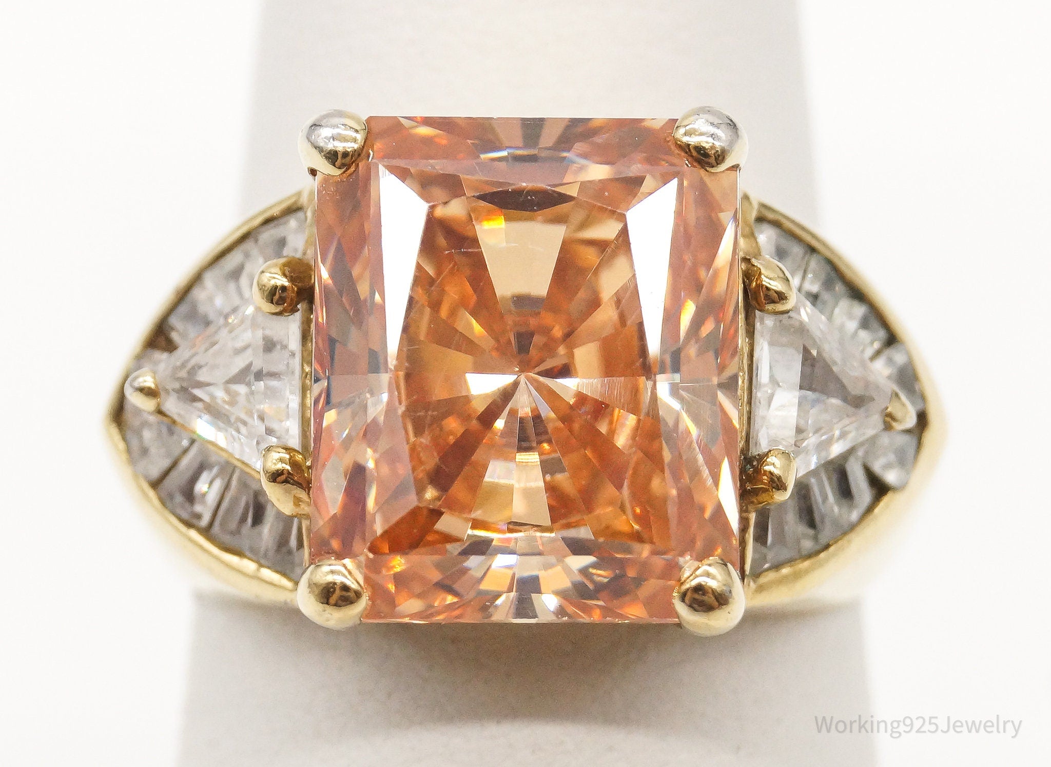 Vintage Orange & White Cubic Zirconia Gold Vermeil Sterling Silver Ring - SZ 6