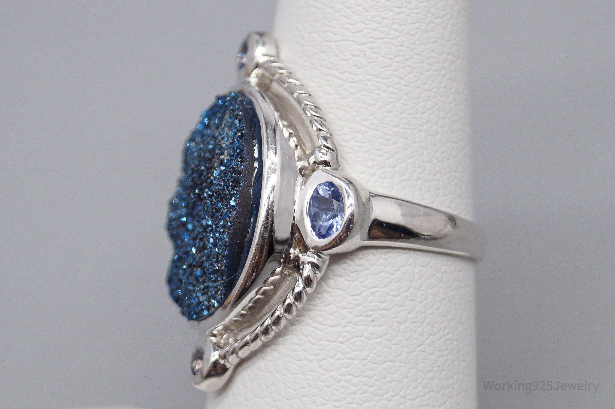 Vintage Blue Druzy Quartz & Tanzanite Sterling Silver Ring - Size 6