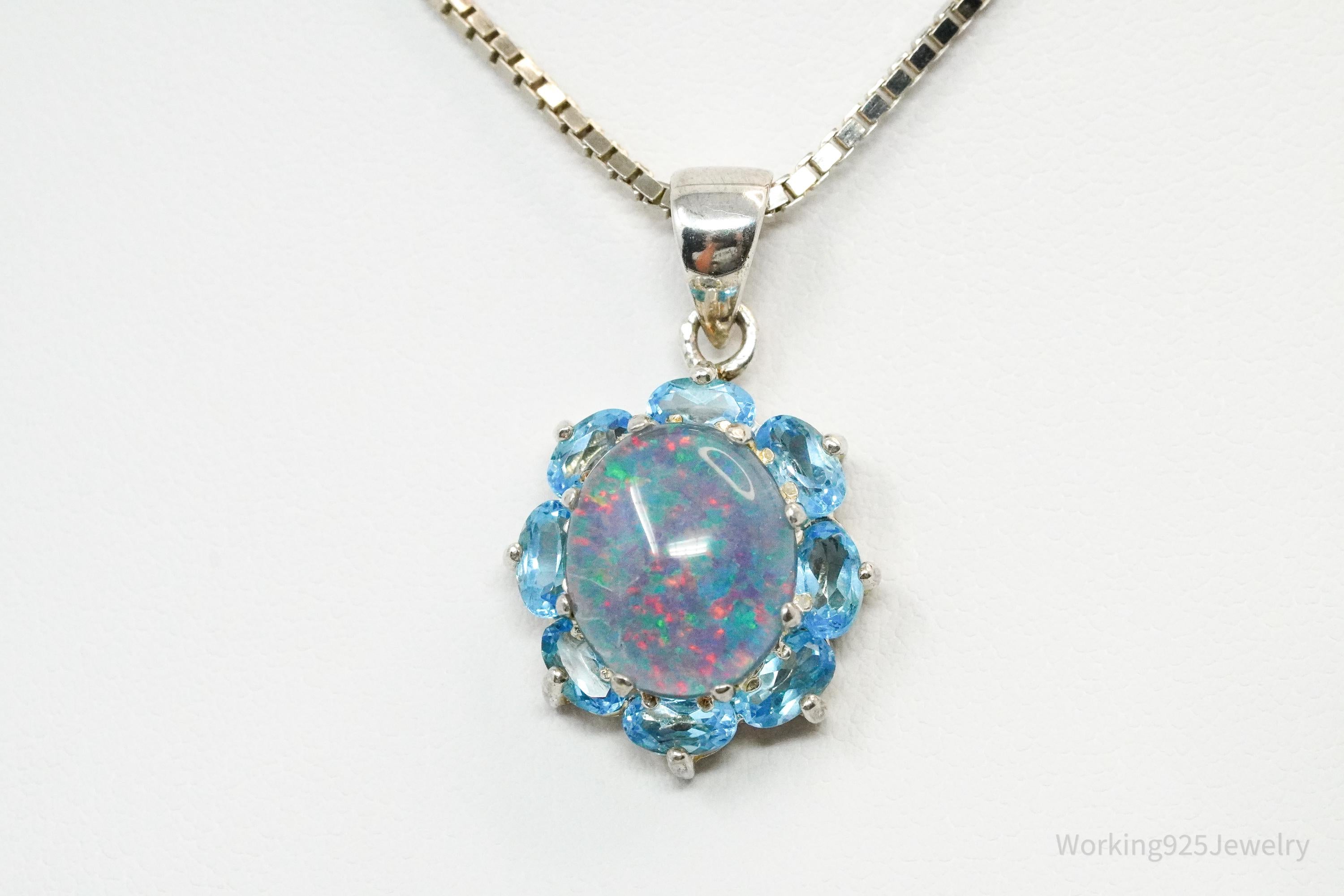 Vintage Opal & Blue Topaz Flower Sterling Silver Necklace 16"