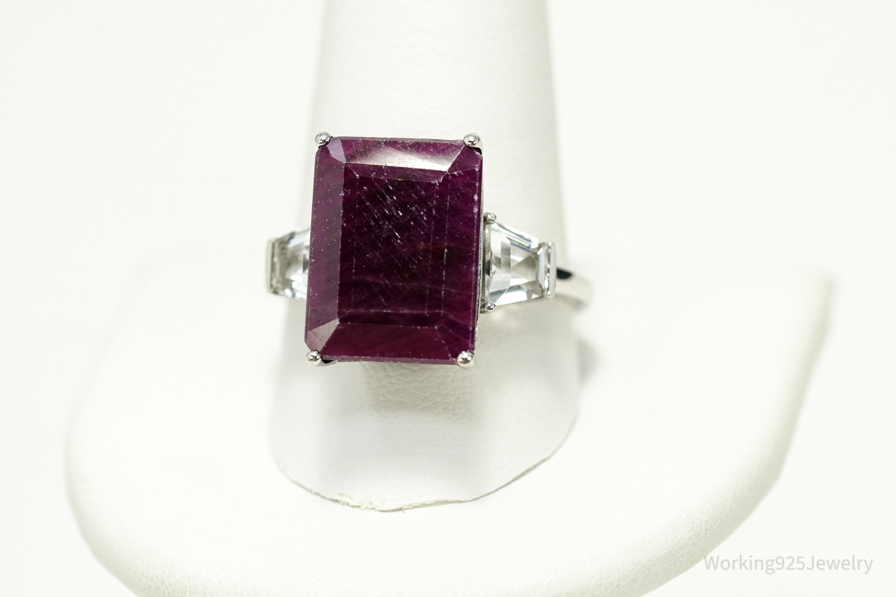 Vintage Ruby & White Topaz \ Sterling Silver Ring - Size 11