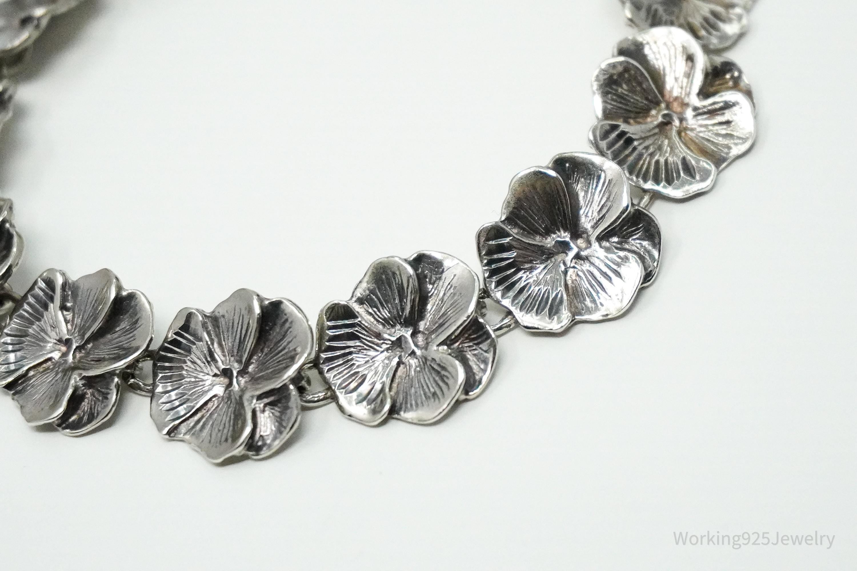 Vintage Flowers Sterling Silver Bracelet 8 1/8"