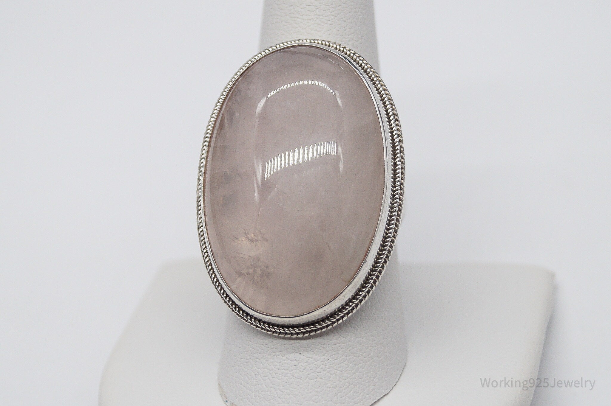 Vintage Large Rose Quartz Sterling Silver Ring - Size 10