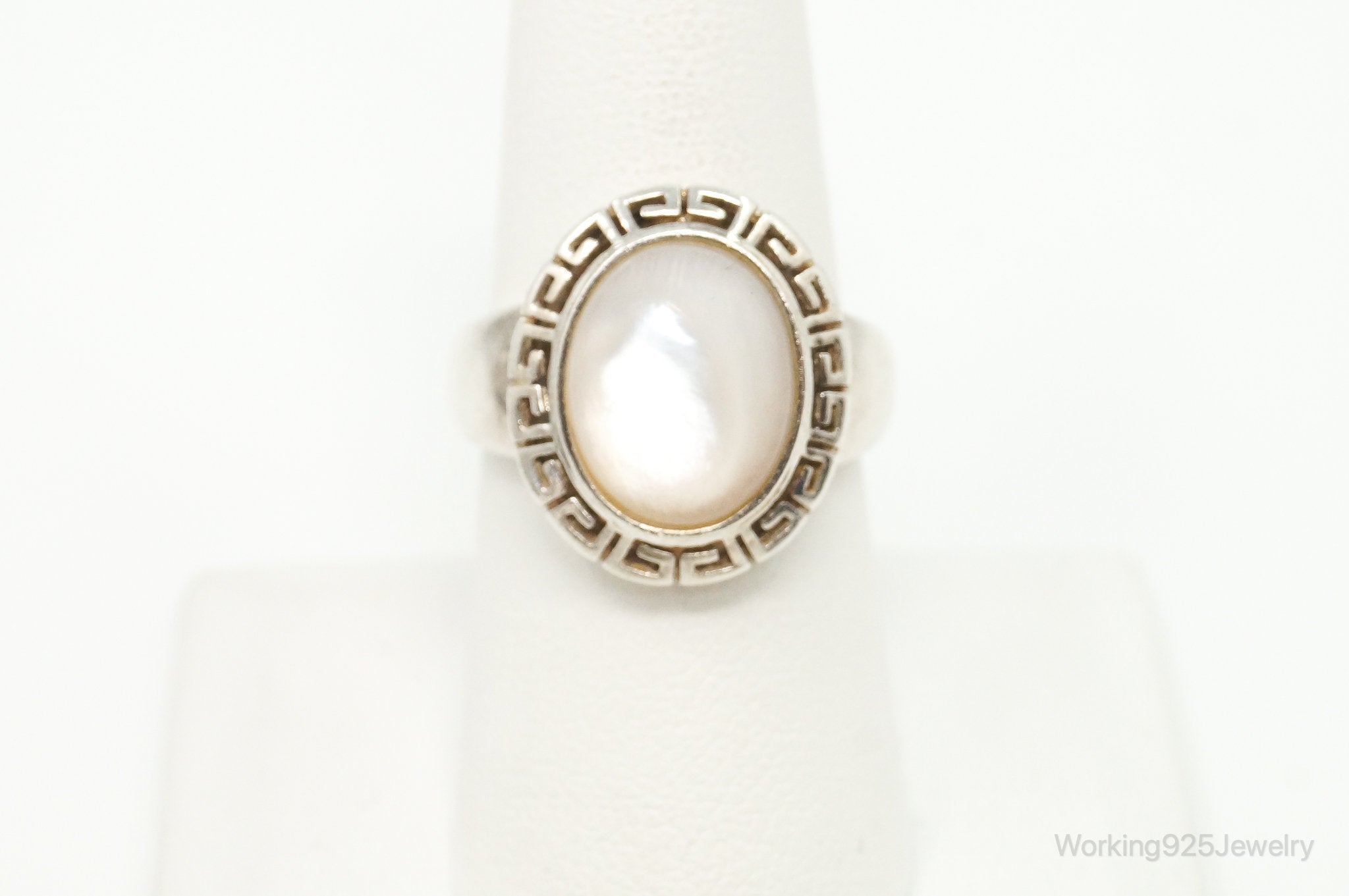 VTG Designer DV Mother Of Pearl Greek Key Design Sterling Silver Ring - SZ 8