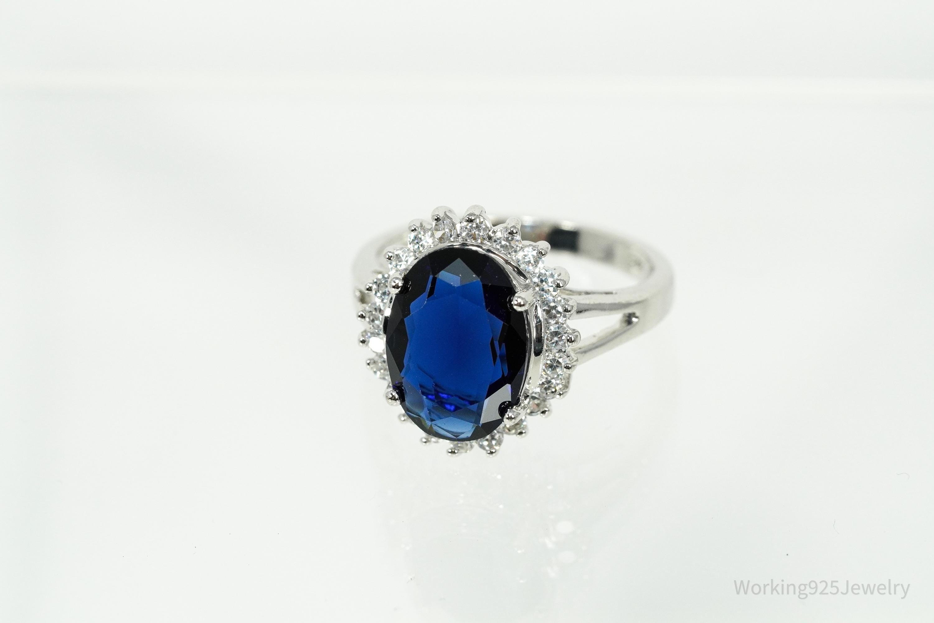 Vintage Avon RJ Simulated Blue Sapphire & Cubic Zirconia Sterling Silver Ring Size 10