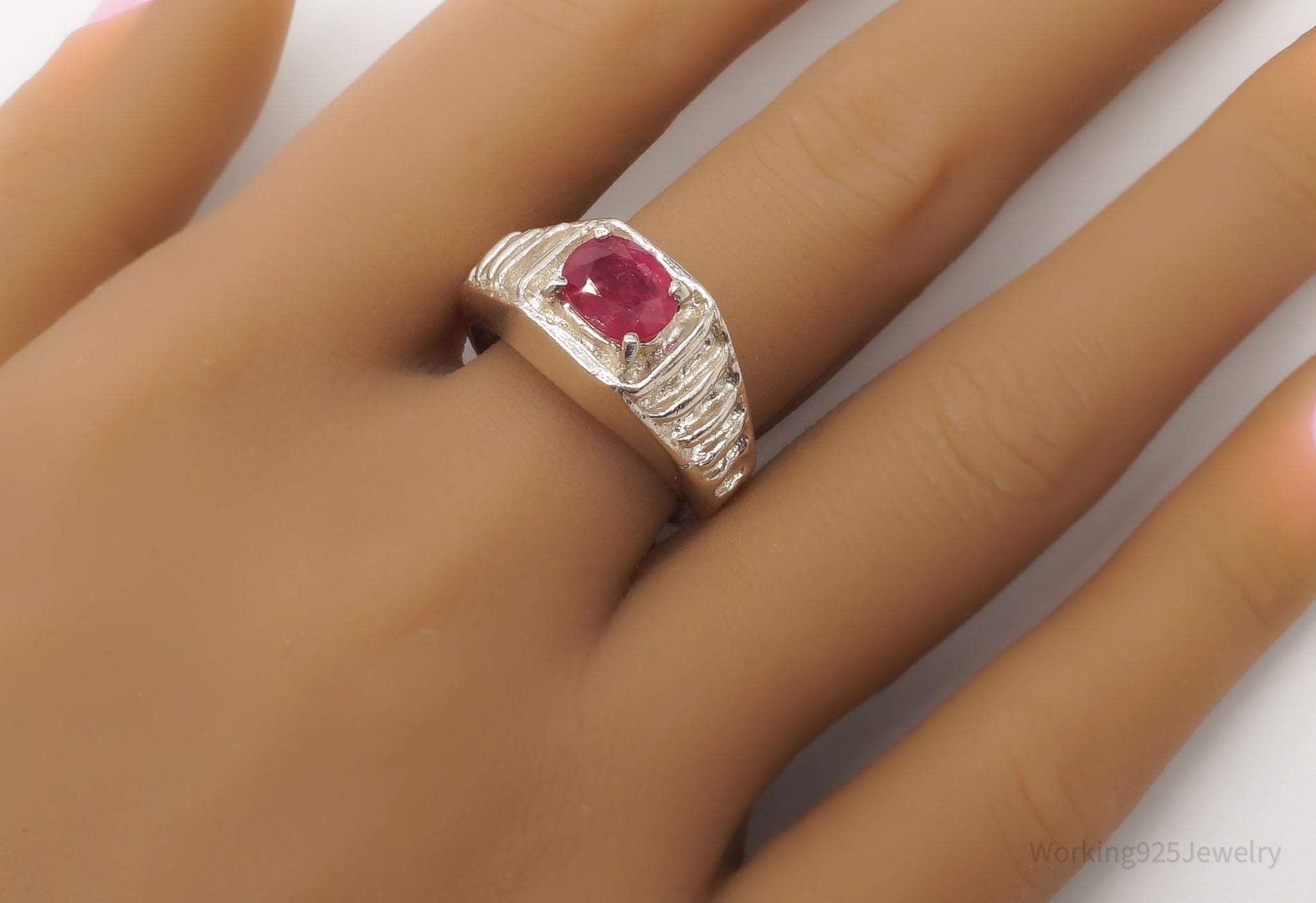 Vintage Ruby Sterling Silver Ring - Size 10.25