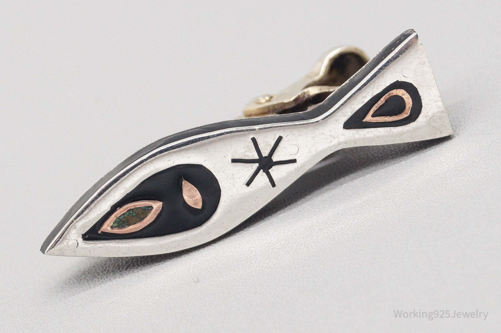 Vintage Mexico Modernist Fish Copper Sterling Silver Tie Bar Clip Pin