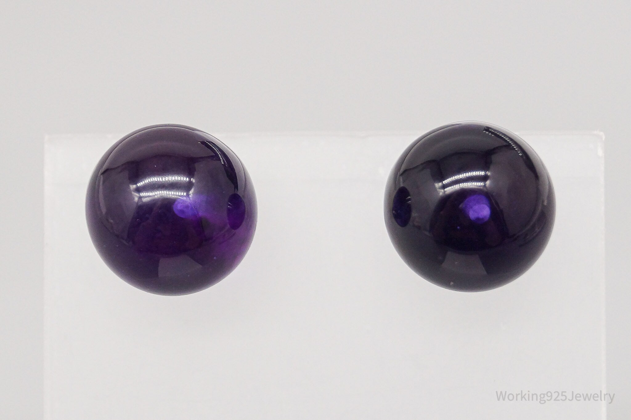 Vintage Large Mid Century Purple Plastic Orbs Silver Earrings