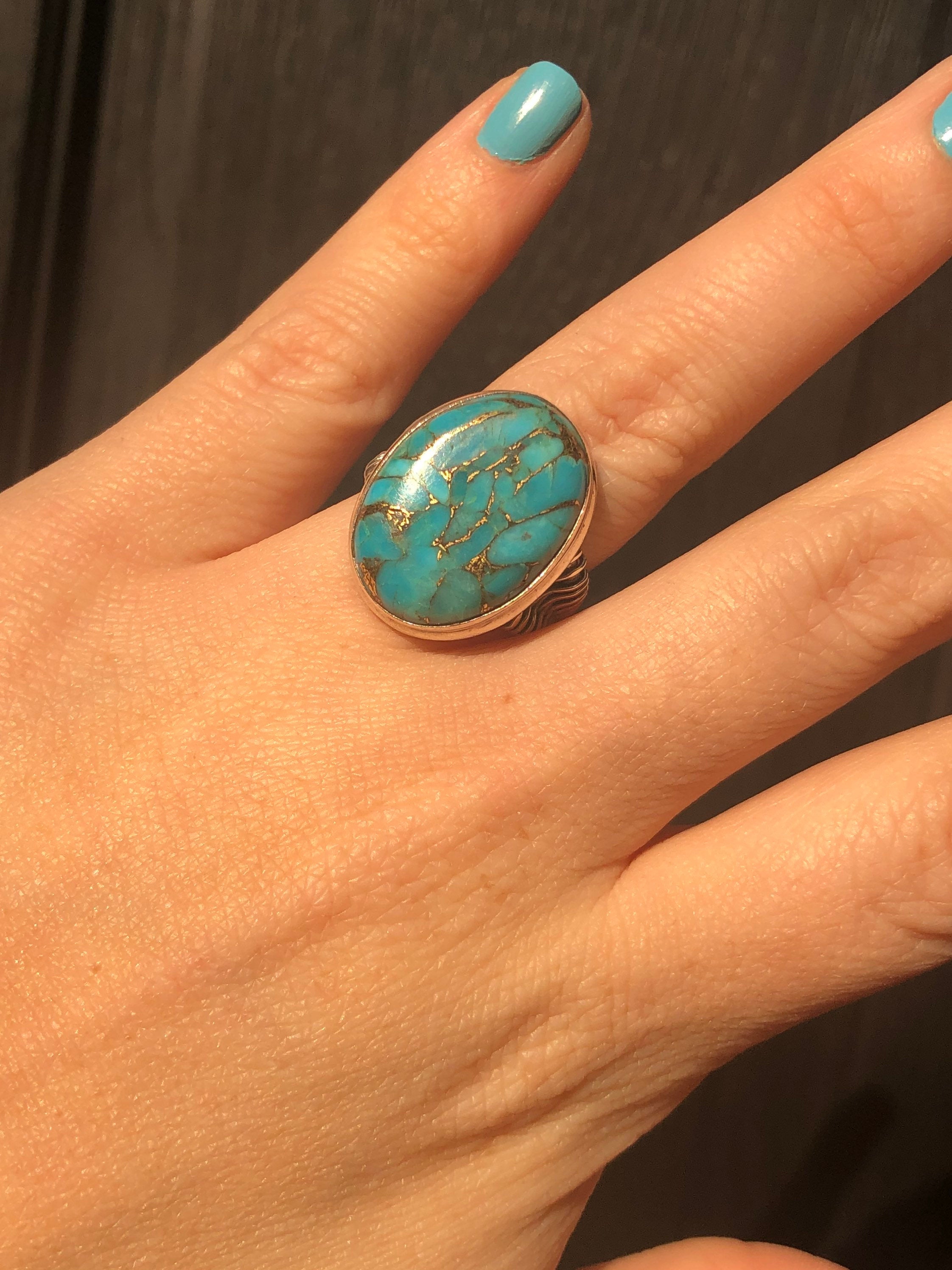 Vintage Large Turquoise Wire Wrap Design Sterling Silver Ring Sz 7.5 - 797300593