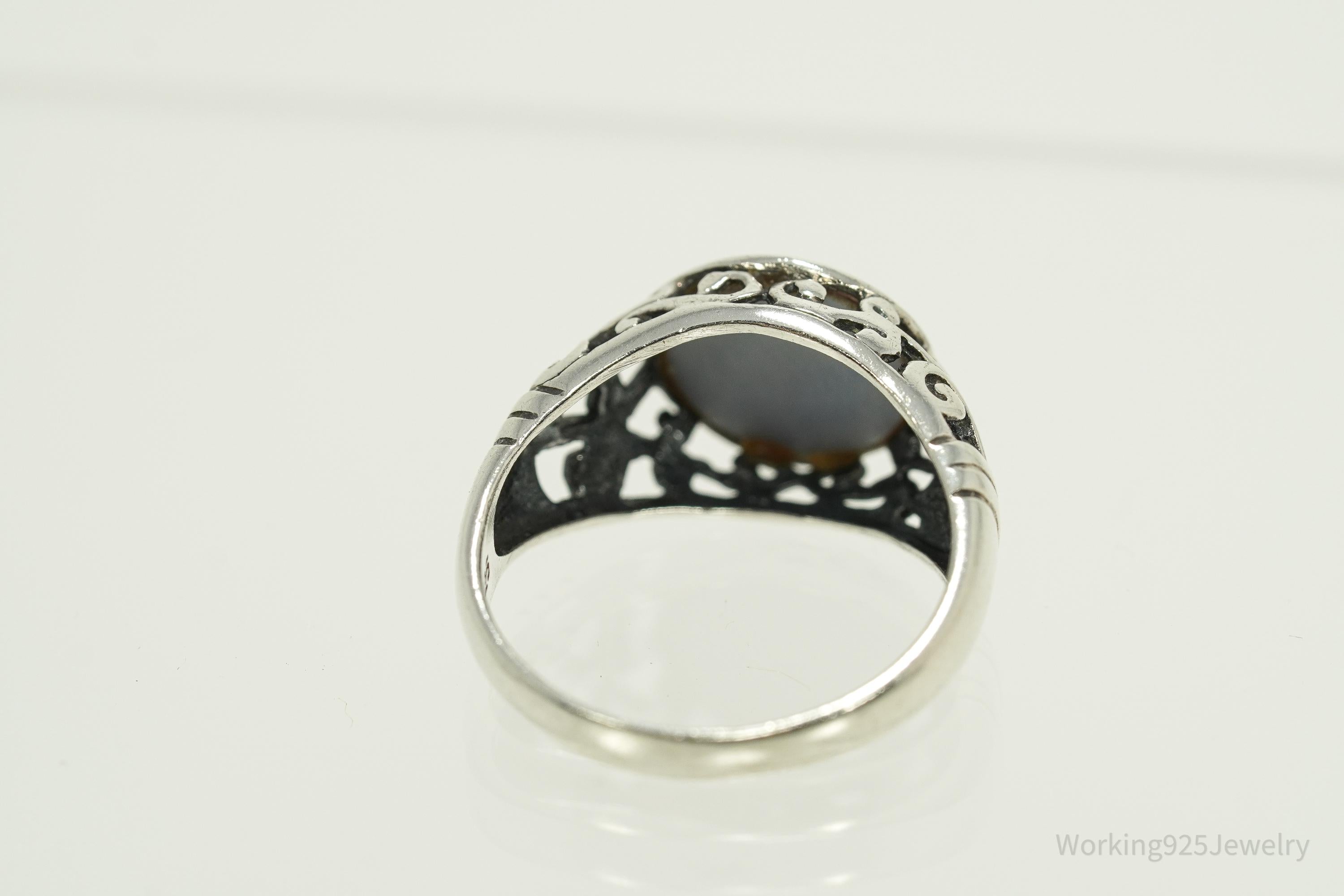Vintage Blue Mother Of Pearl Sterling Silver Ring - Size 8.25