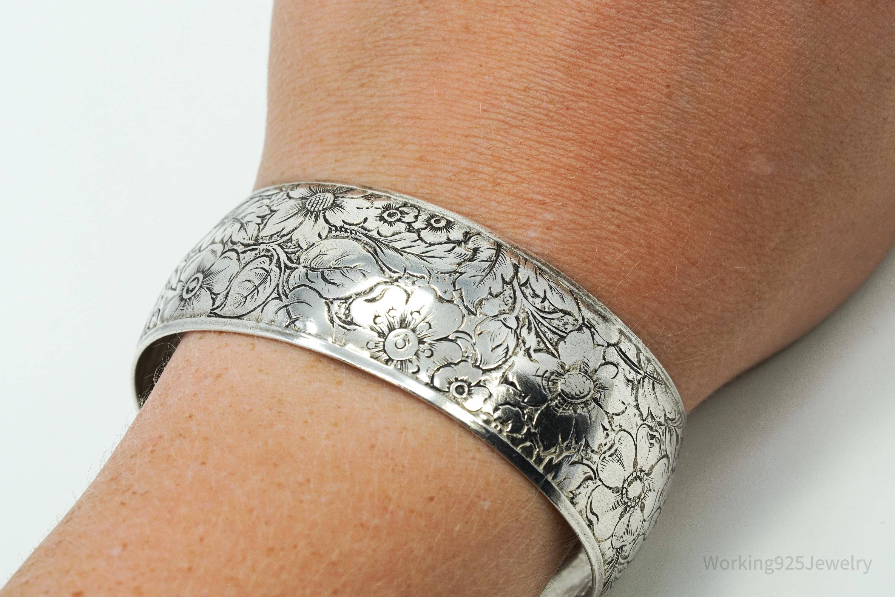 Antique Art Nouveau Floral Pattern Sterling Silver Cuff Bracelet - 7.5"