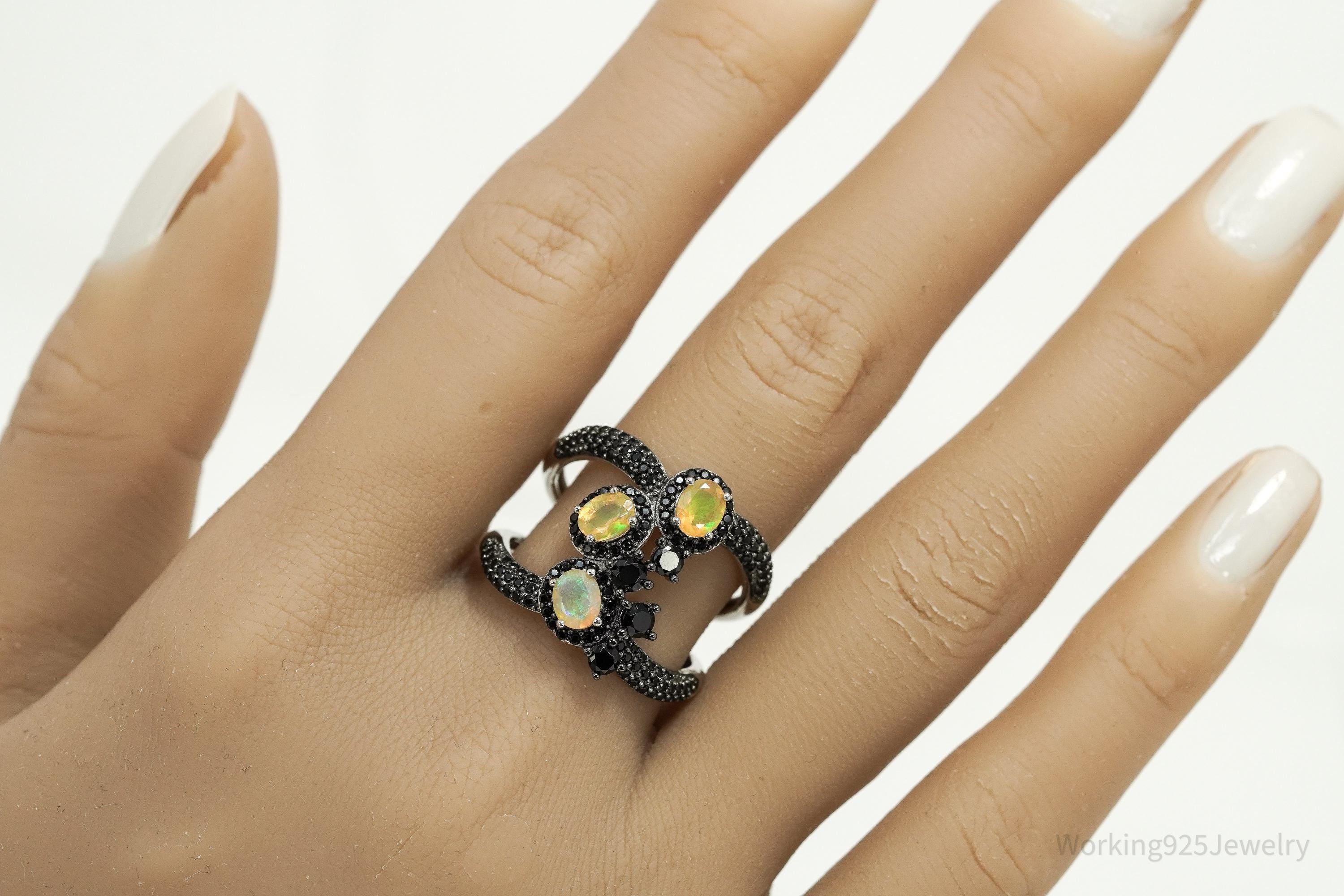 Vintage Opal & Black Spinel Sterling Silver Statement Ring – Size 9