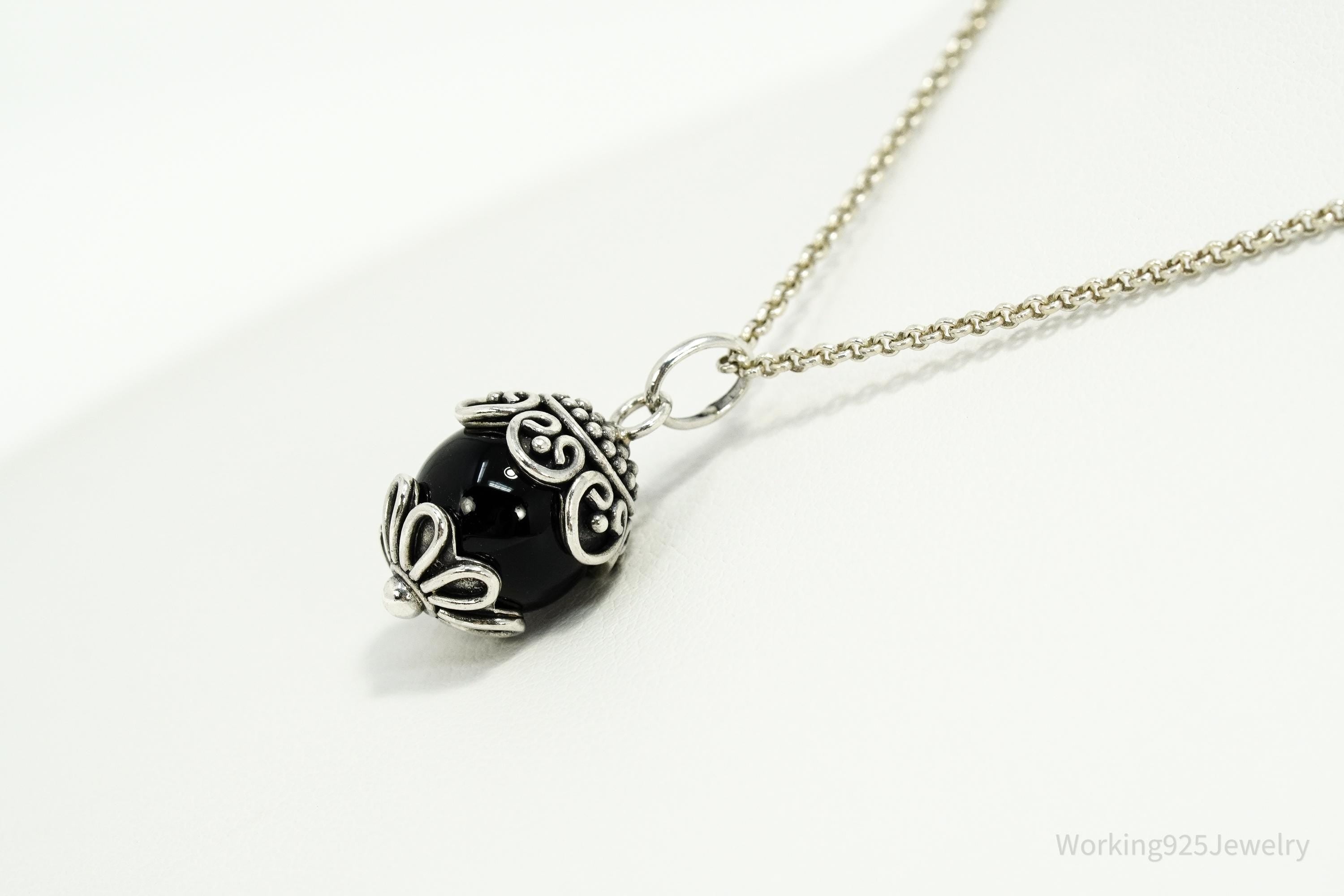 Vintage Designer BA Suarti Black Onyx Sterling Silver Necklace 18"