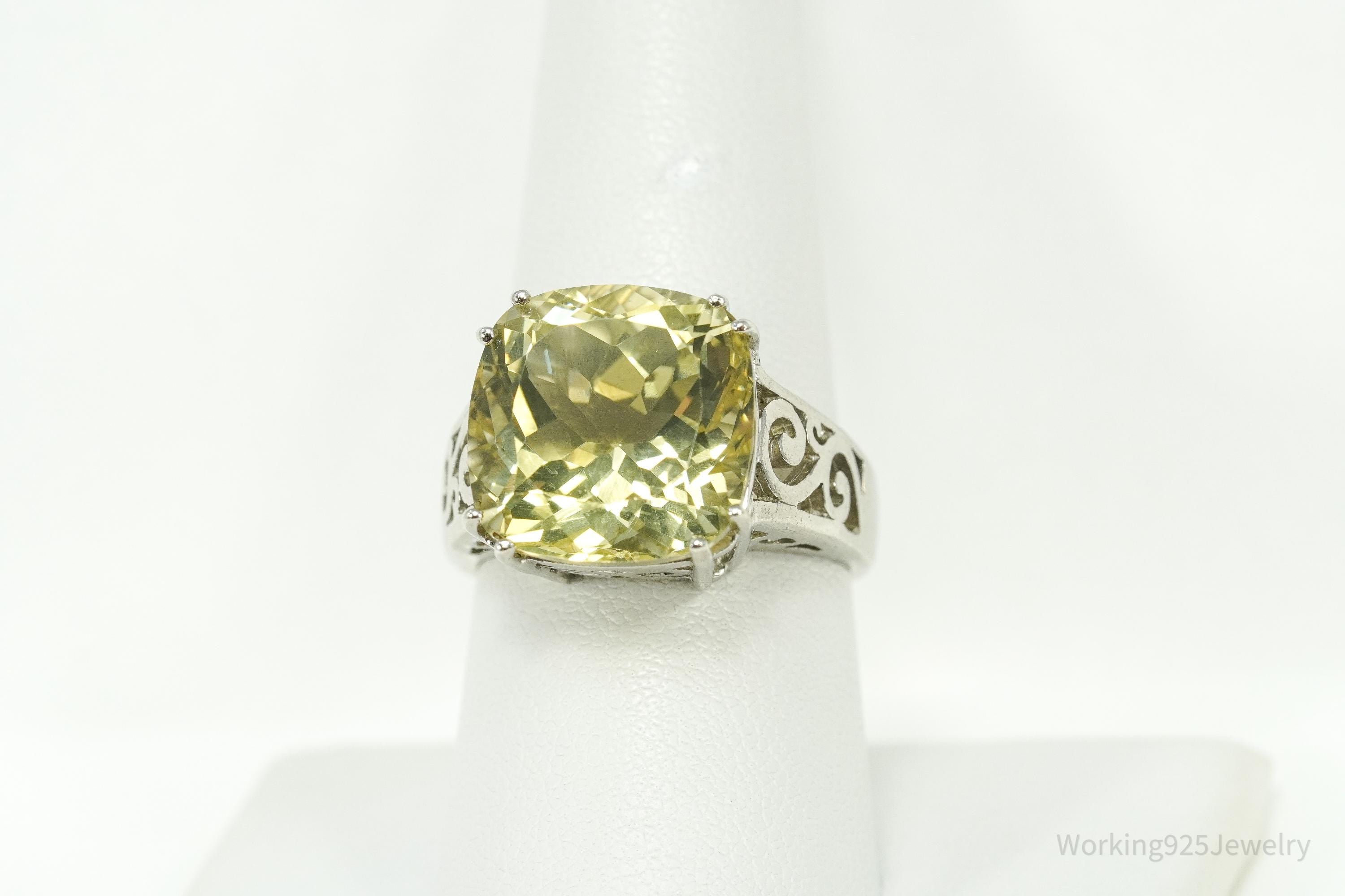 Vintage Large Lemon Citrine Sterling Silver Ring - Size 8