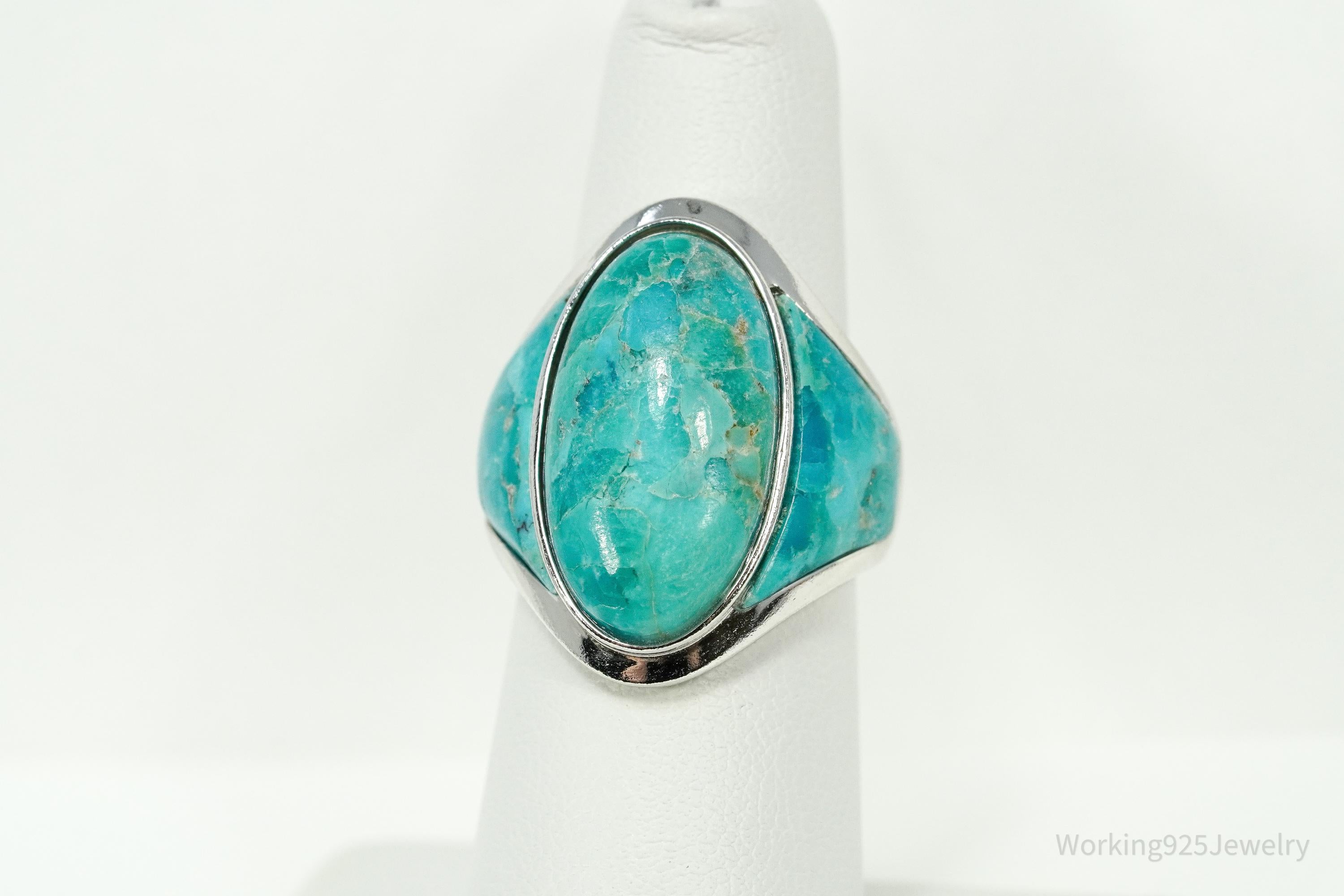 Large Turquoise Rhodium Over Sterling Silver Ring - Size 6