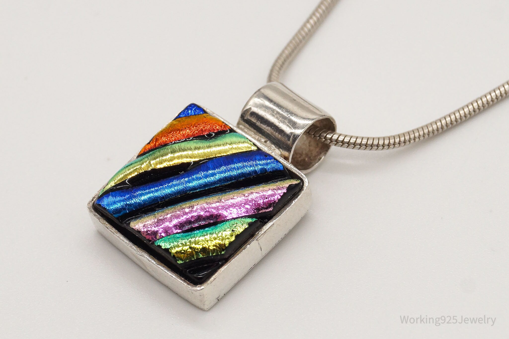 Vintage Rainbow Dichroic Glass Sterling Silver Necklace